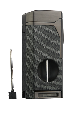 Quantoro Dört Torch Pürmüz V-Kesici/Delicili Siyah Karbon Desenli Metal Puro Çakmağı