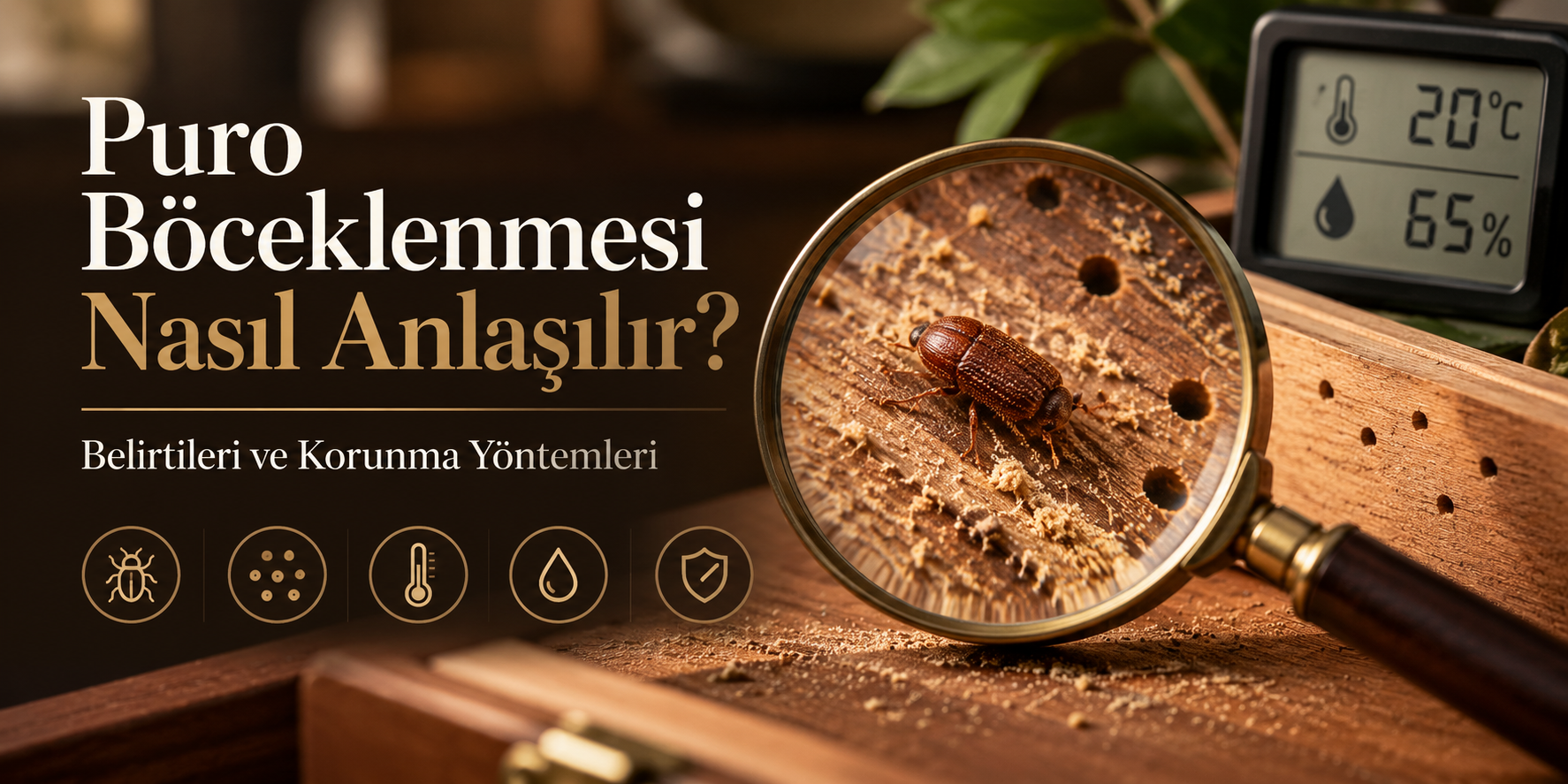 puro böceklenmesi,puro böceği,puro böceği belirtileri,puro böceklenmesi nasıl anlaşılır,humidorda böcek,puro üzerindeki delikler,puro saklama,humidor sıcaklığı,humidor nemi,puro koruma,böceklenmiş puro,puro saklama koşulları,dijital higrometre,elektronik puro dolabı,puro aksesuarları