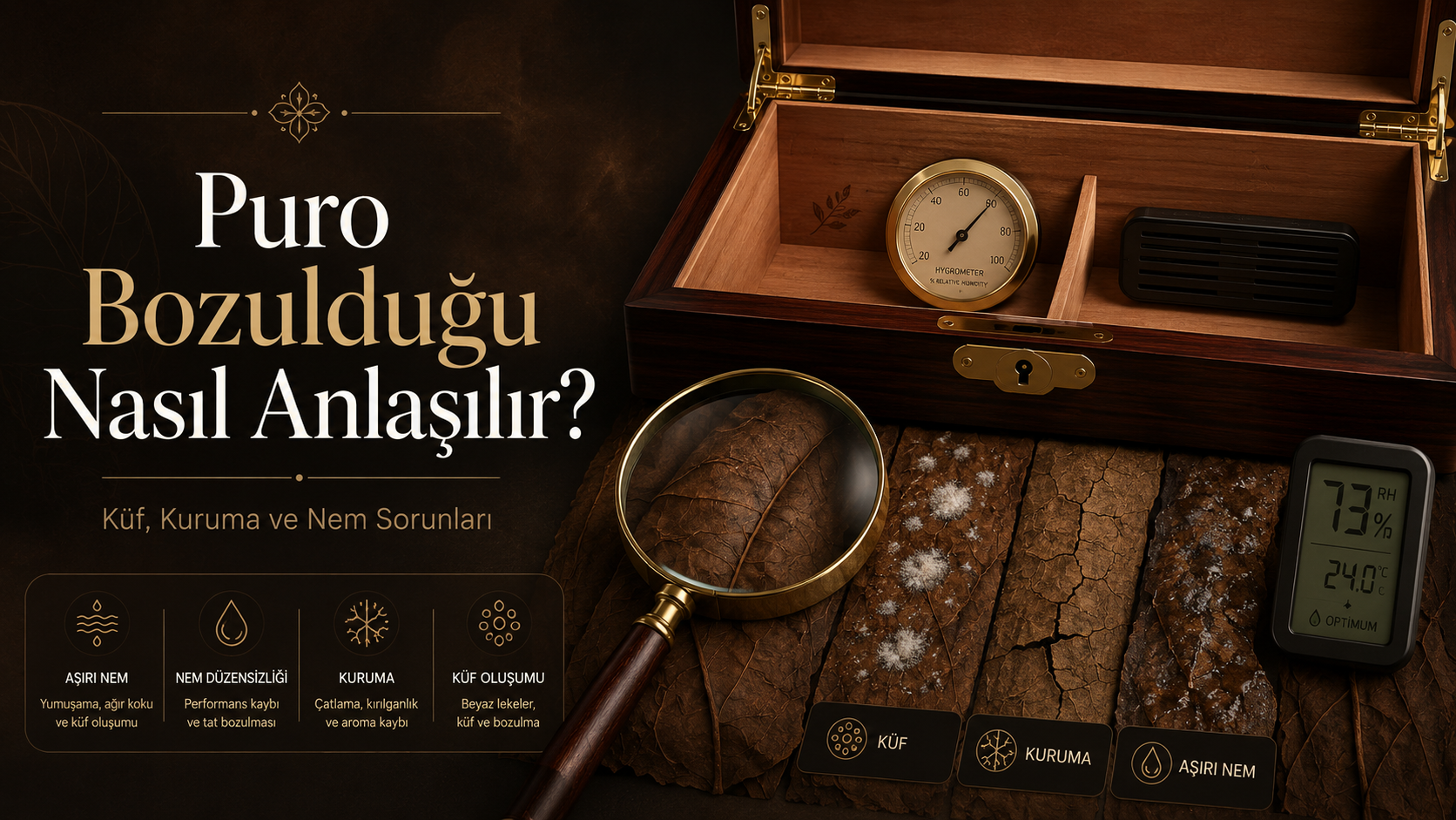 puro bozulduğu nasıl anlaşılır,puro bozulur mu,küflü puro nasıl anlaşılır,puro küflenir mi,kurumuş puro,kuru puro nasıl düzeltilir,fazla nemli puro,puro neden çatlar,puro üzerindeki beyaz noktalar,puro üzerindeki delikler,puro nasıl saklanır,humidor nem oranı,humidor kullanımı,puro saklama koşulları,puro nemi,puro saklama sıcaklığı,humidor nem ayarı