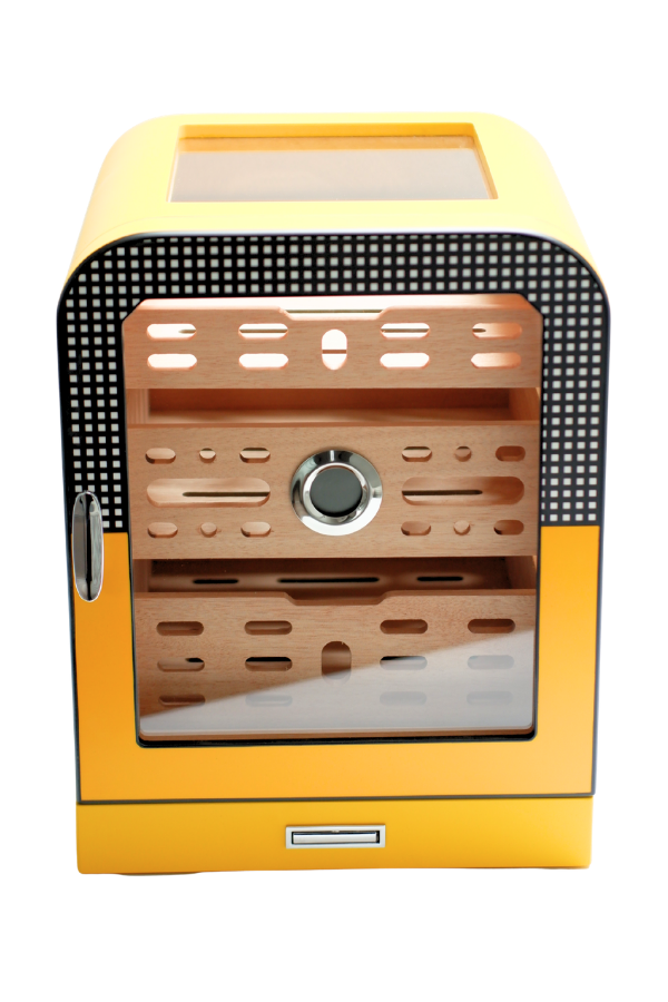 Cohiba 3 Çekmeceli Sarı Nokta Desenli Aksesuar Bölmeli Sedir Humidor Puro Kutusu