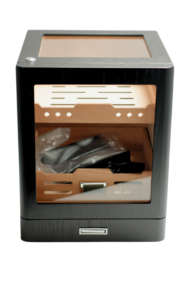 PremiumQuality Sucre Aksesuar Çekmeceli İçi Ledli Siyah Sedir Humidor Puro Kutusu