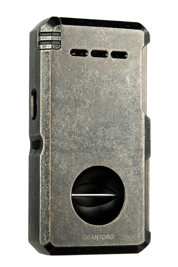 Quantoro Çift Torch Pürmüz V-Cut/Delicili/İğneli Fırçalı Gümüş Metal Puro Çakmağı