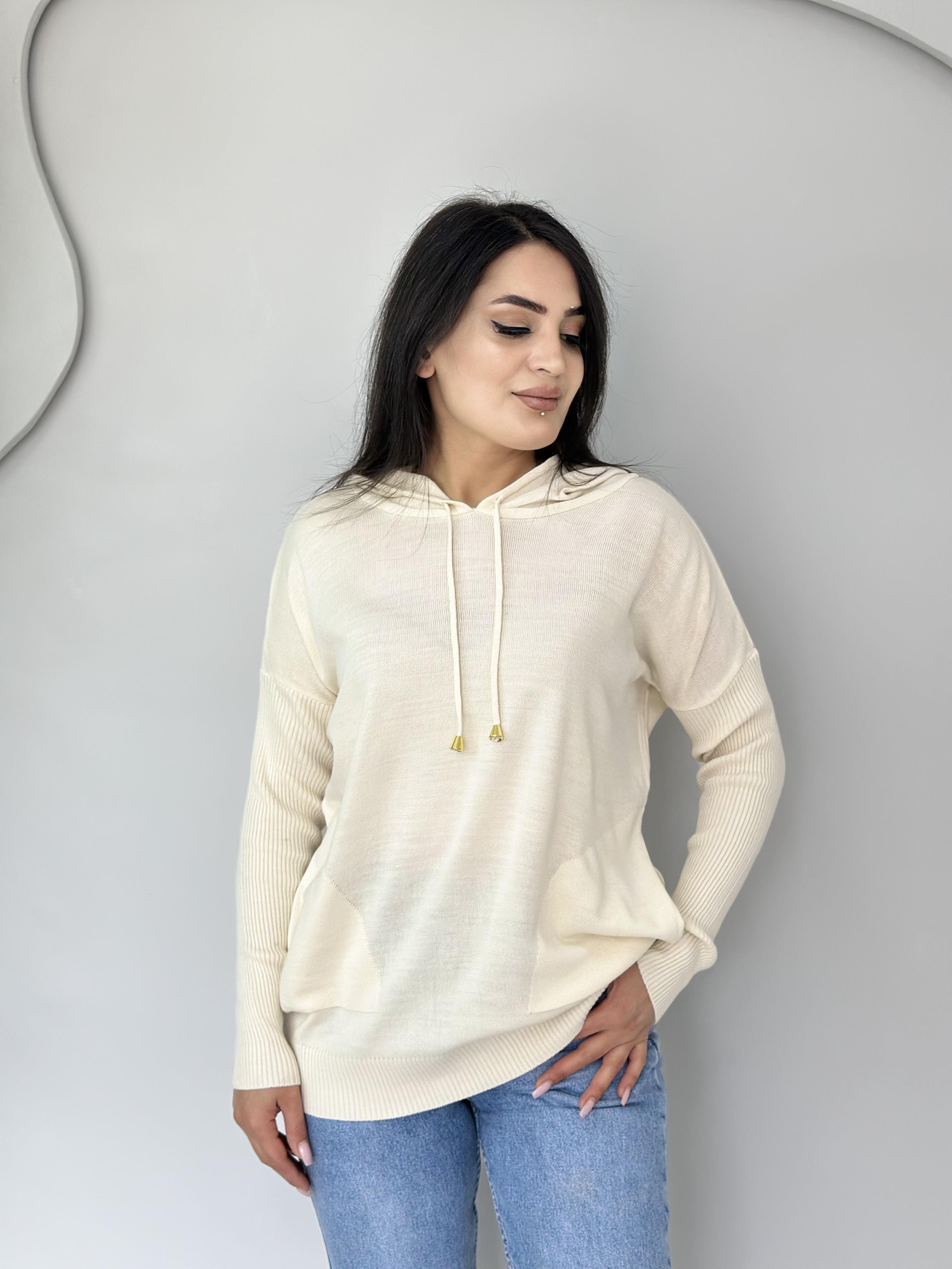 Agnes Krem Kapüşonlu Cepli Triko Kazak A037