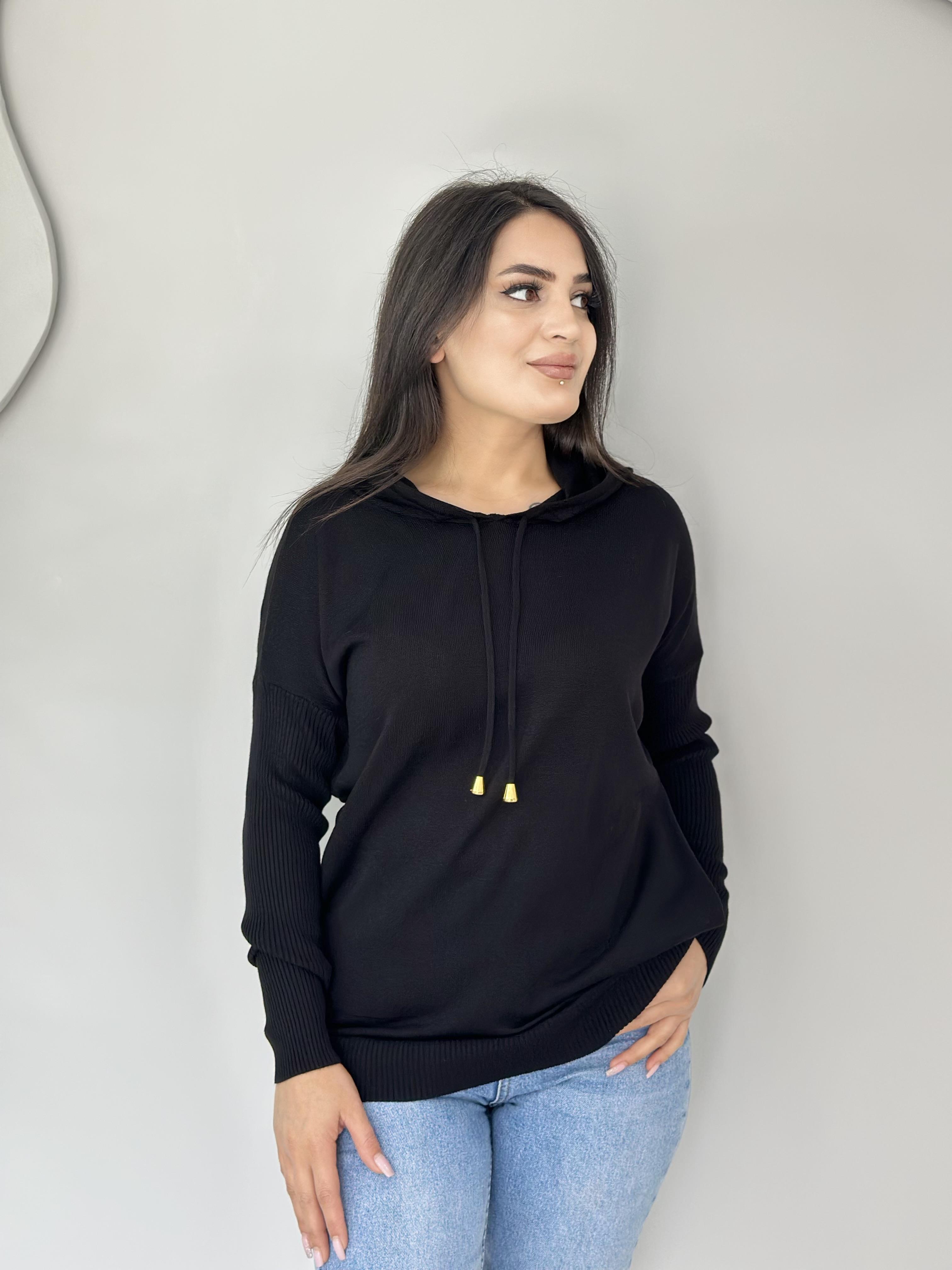 Agnes Siyah Kapüşonlu Cepli Triko Kazak A029