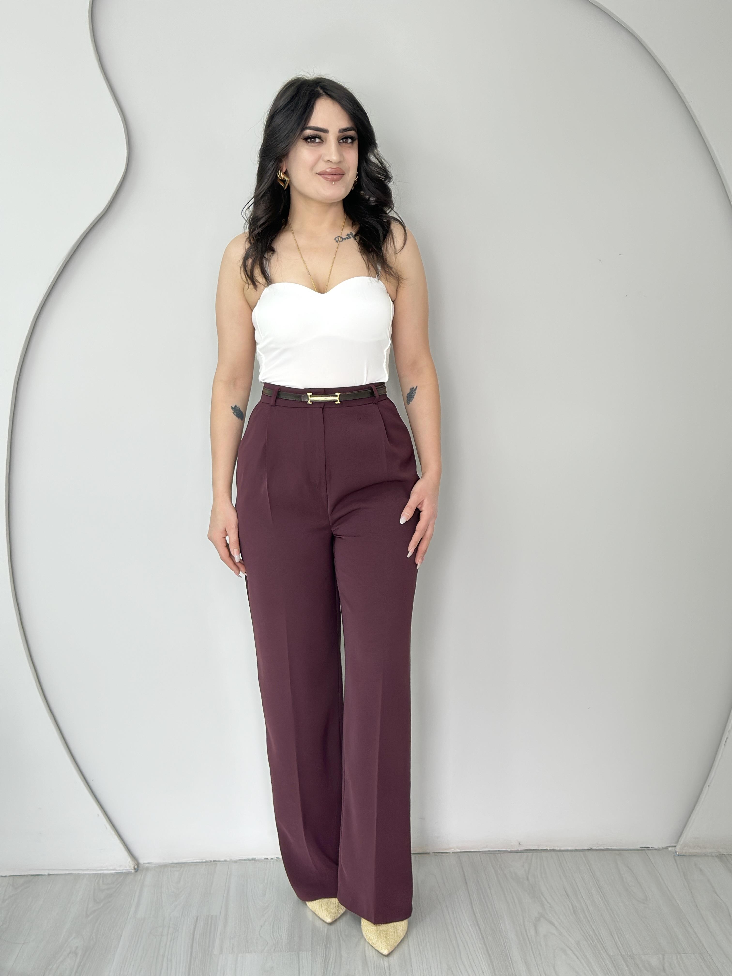 Anve Bordo Yüksek Bel Krep Kumaş Palazzo Pantolon C4545