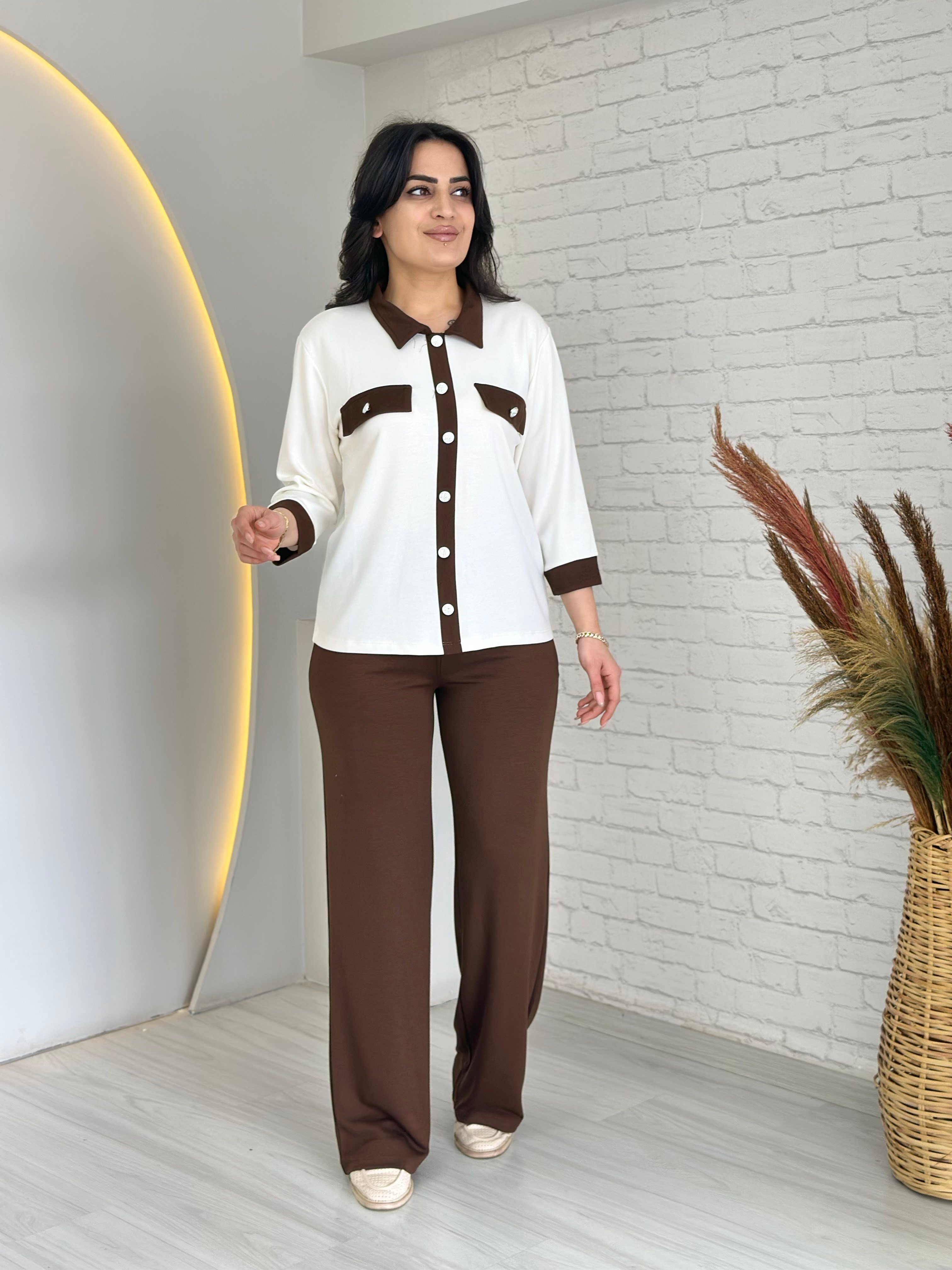 Anza Kahve Polo Yaka Cep Detaylı Modal Alt Üst Takım D063