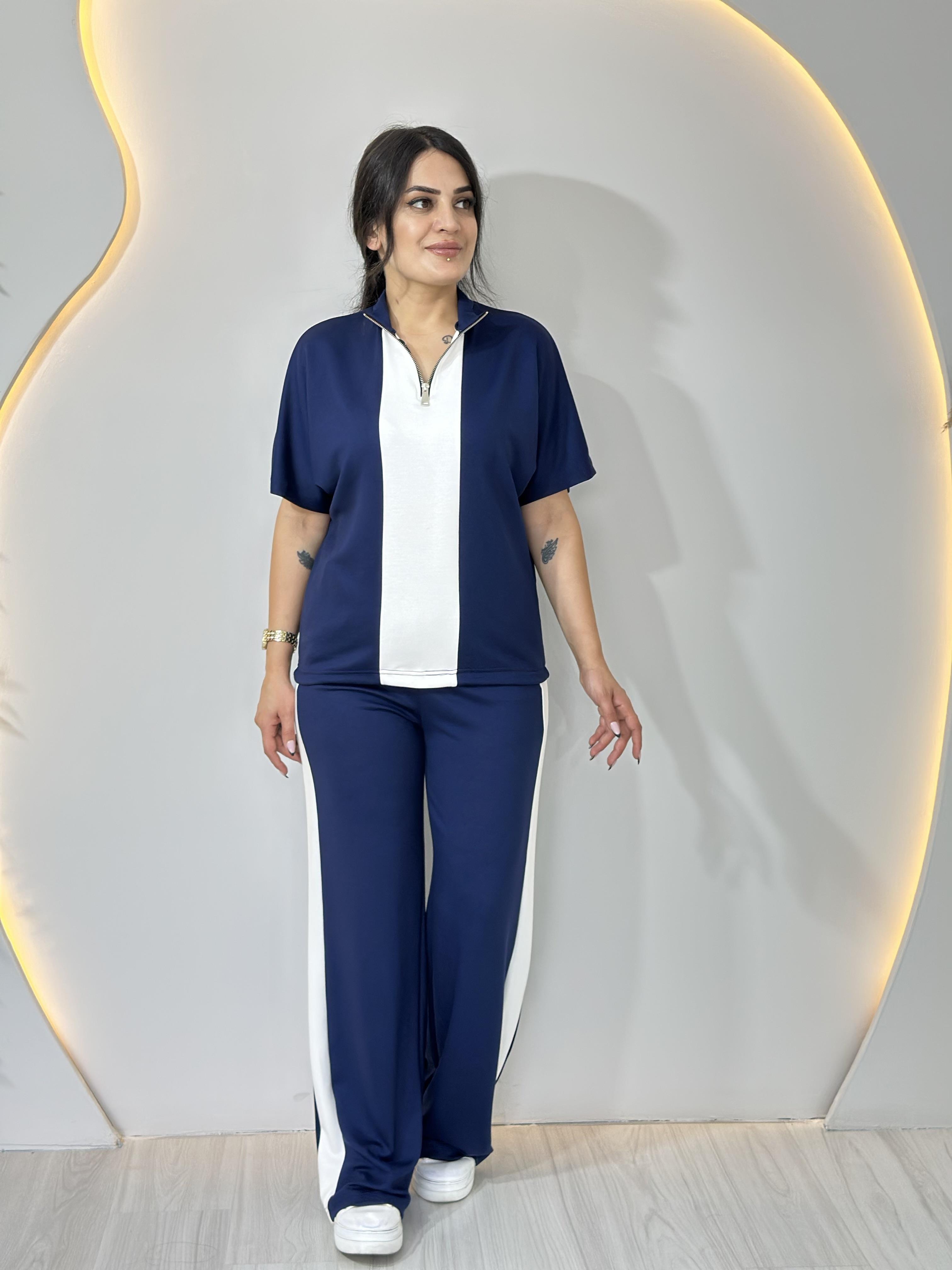 Aria Lacivert Yarım Fermuar Beyaz Şerit Modal Takım A015