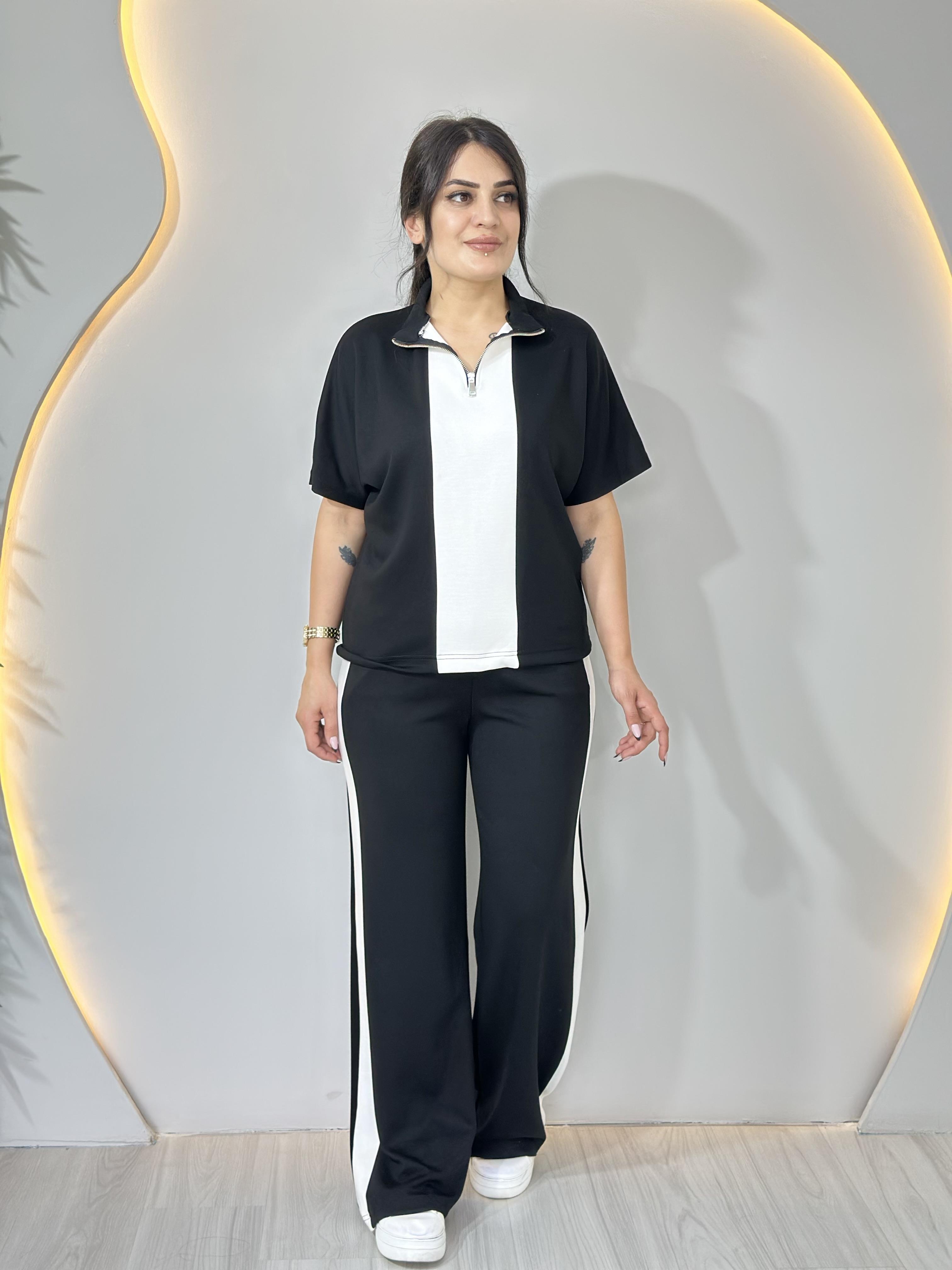 Aria Siyah Yarım Fermuar Beyaz Şerit Modal Takım A019