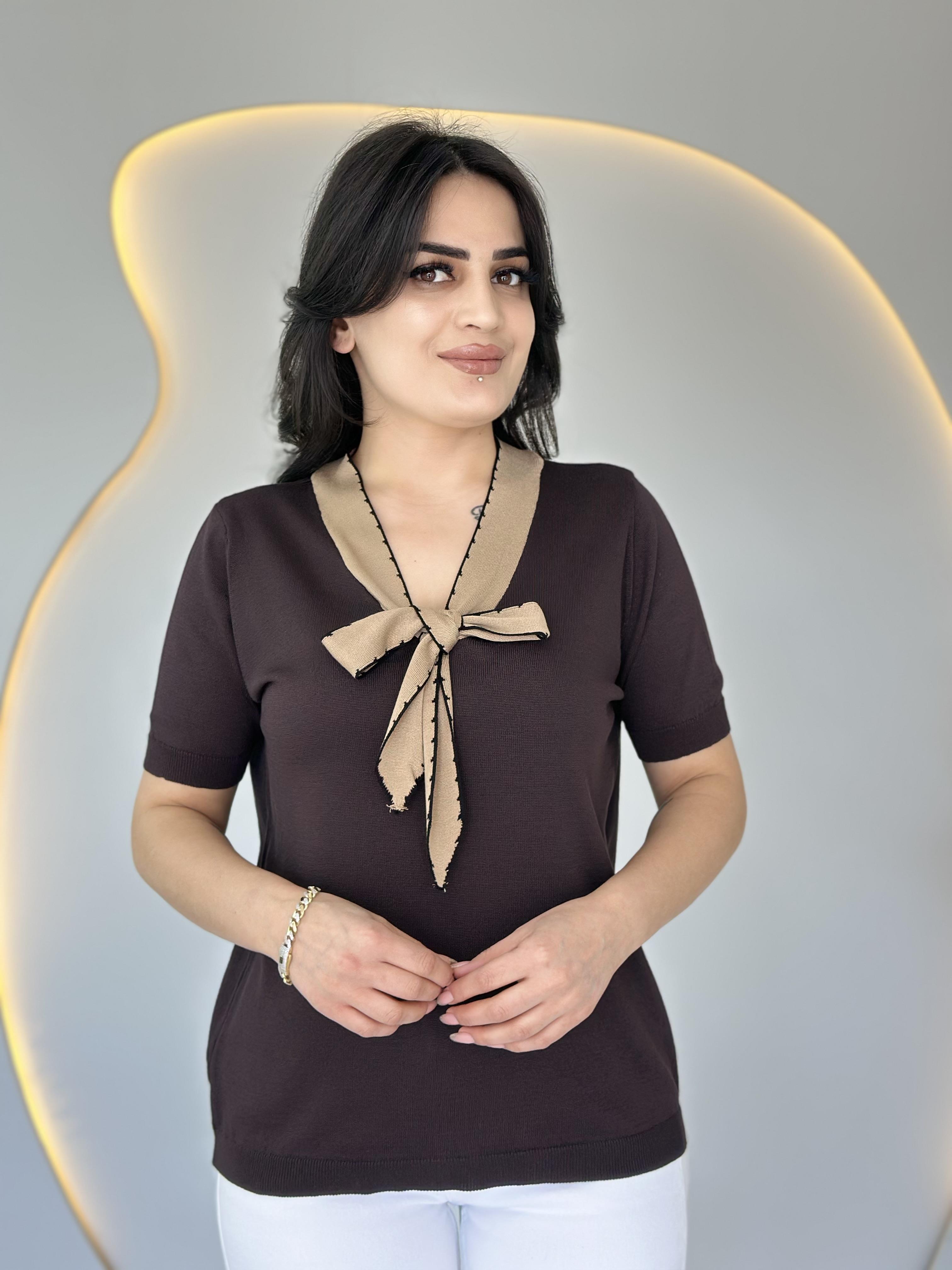 Aven Kahve Fularlı Bağlama Yaka Kısa Kollu Merserize Bluz D017