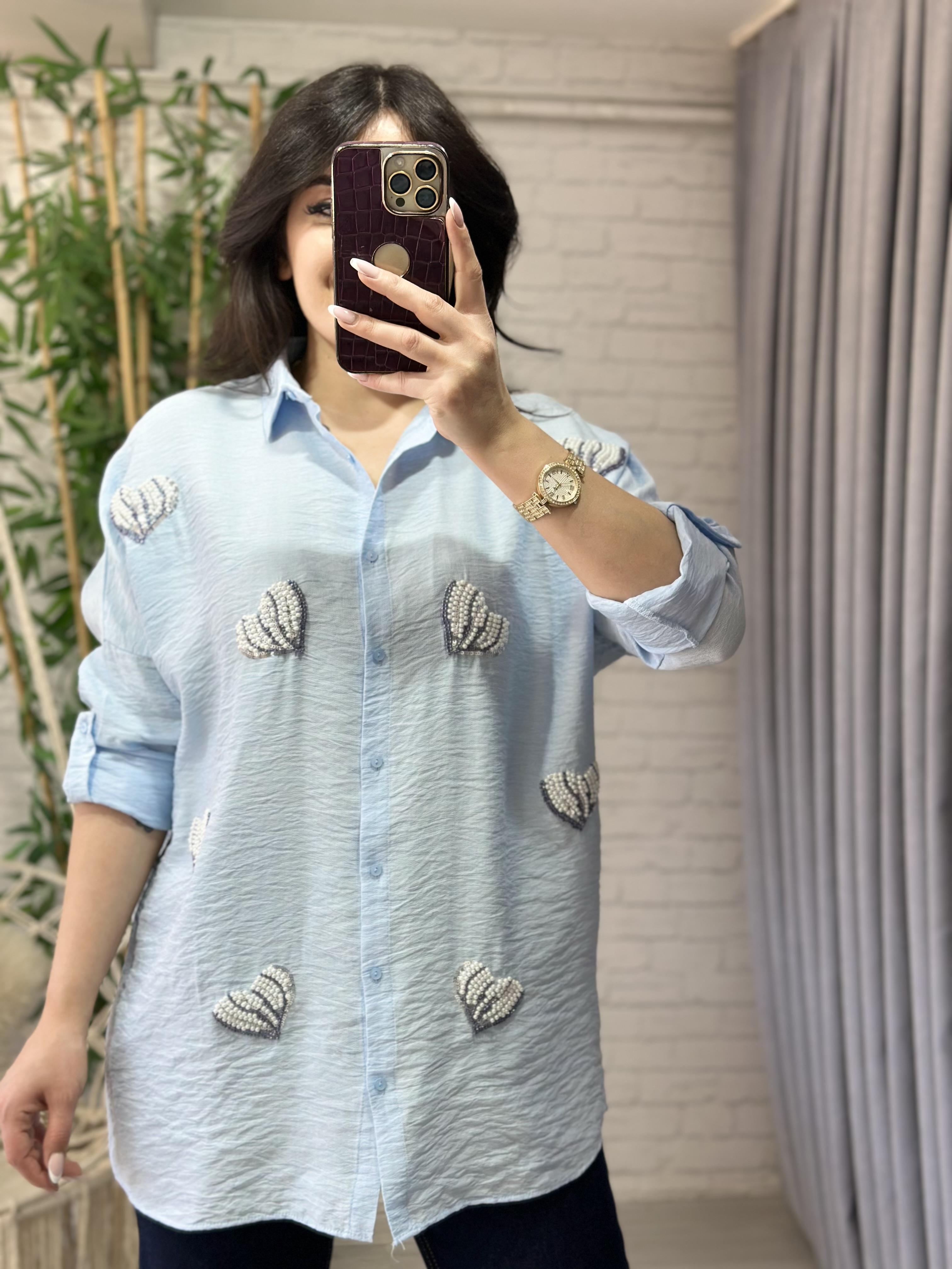 Bebe Mavisi Kalp  Boncuk İşlemeli Oversize Gömlek