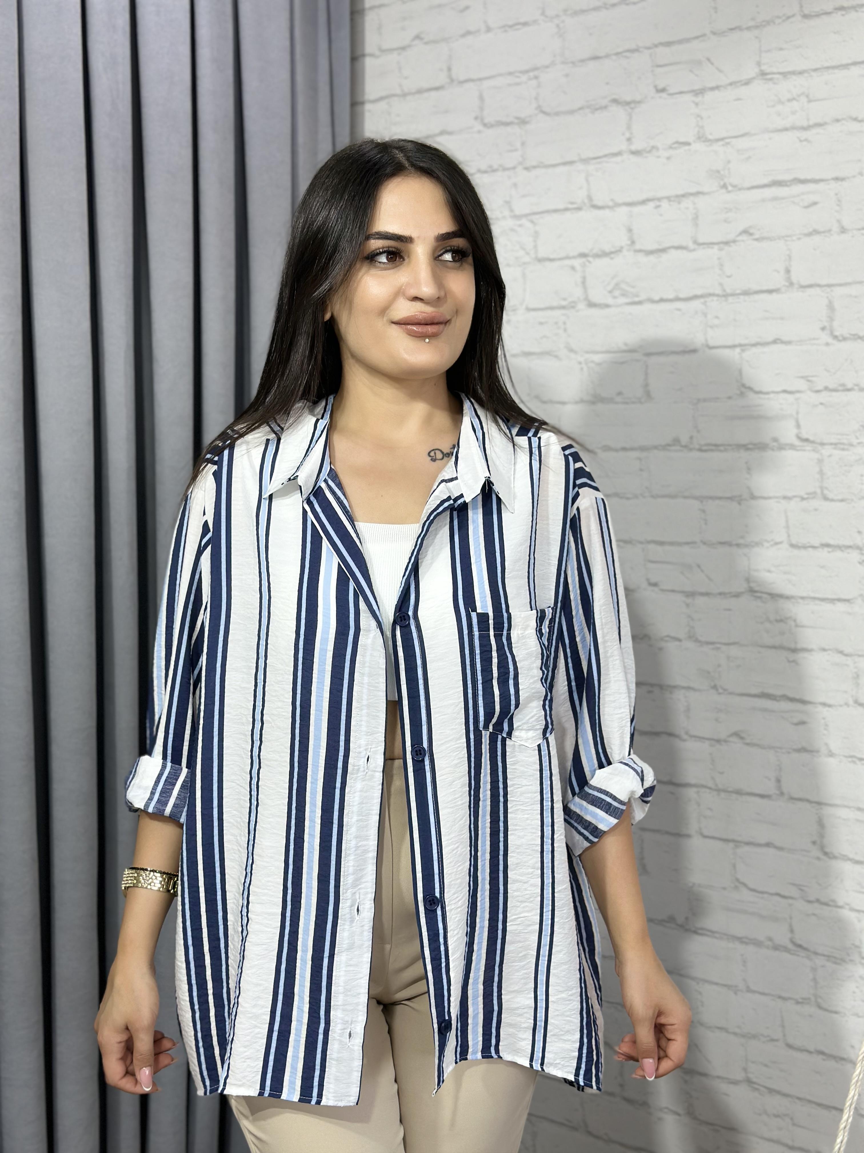 Beyaz Mavi  Cepli Bambu Pamuk Kumaş Oversize Gömlek