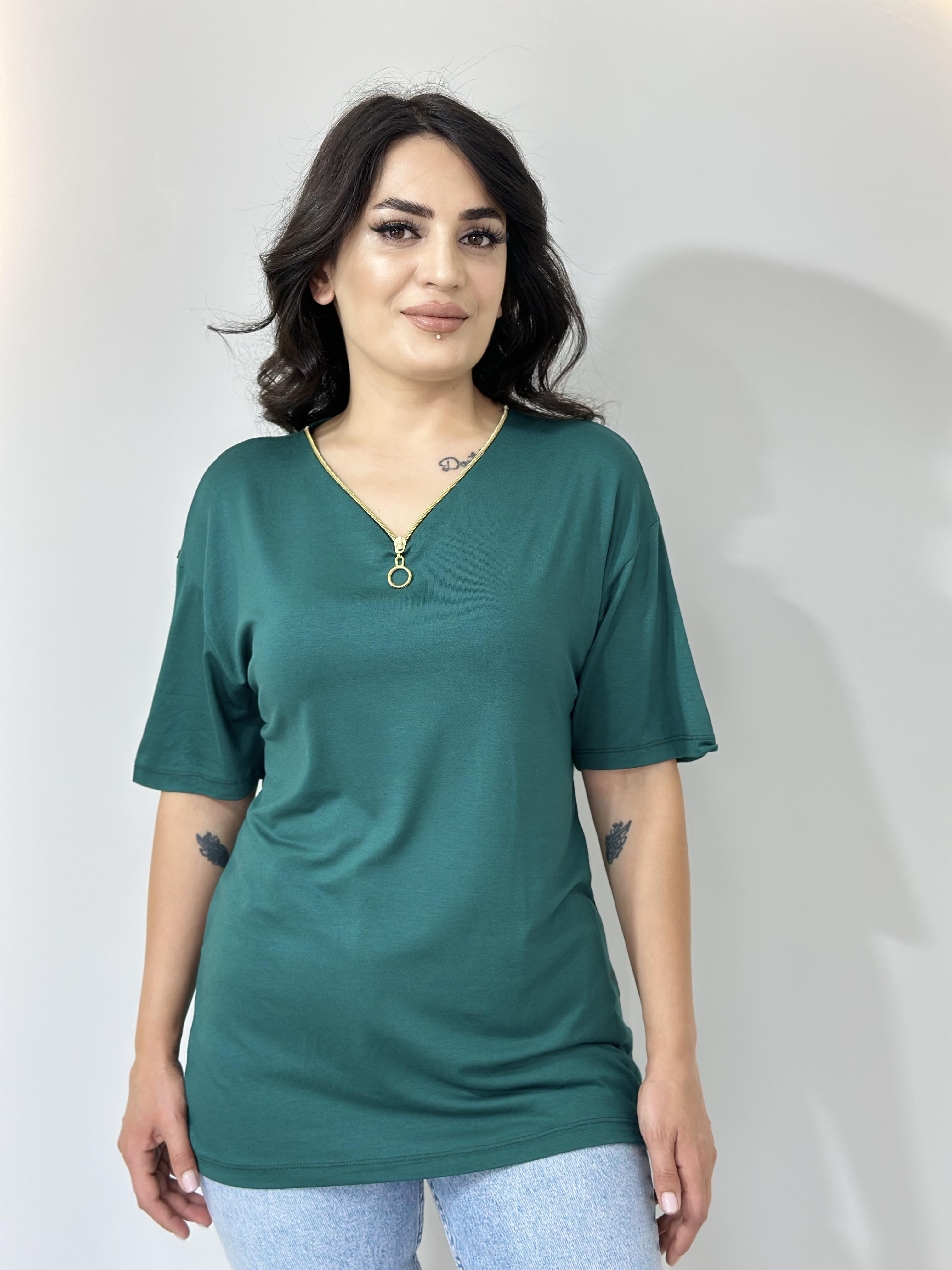 Blan Petrol Yeşili Fermuarlı Viskon Tshirt Bluz A015