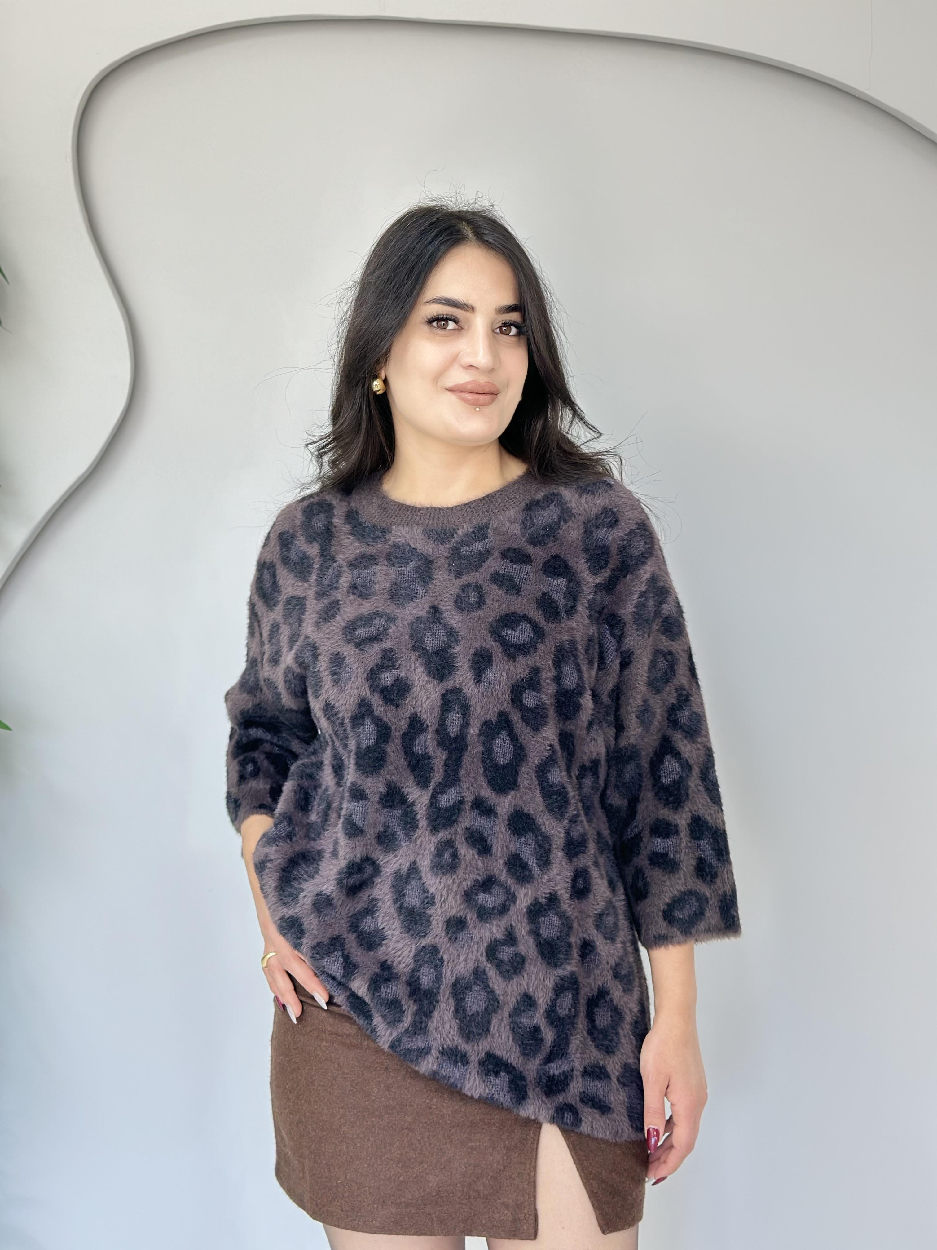 Bluf  Kahve Leopar Batik Desen Angora Yumoş Kazak A426