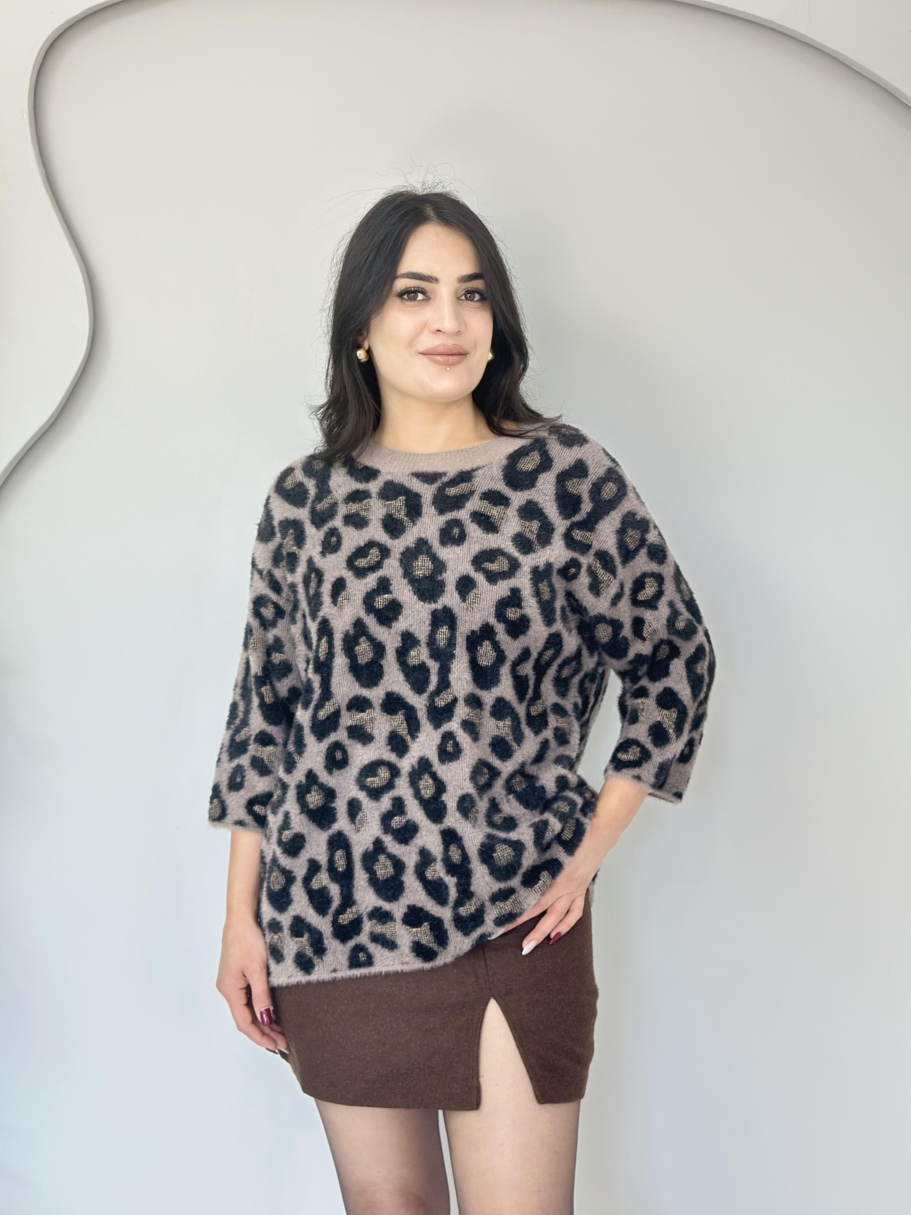 Bluf Vizon Leopar Batik Desen Angora Yumoş Kazak A422