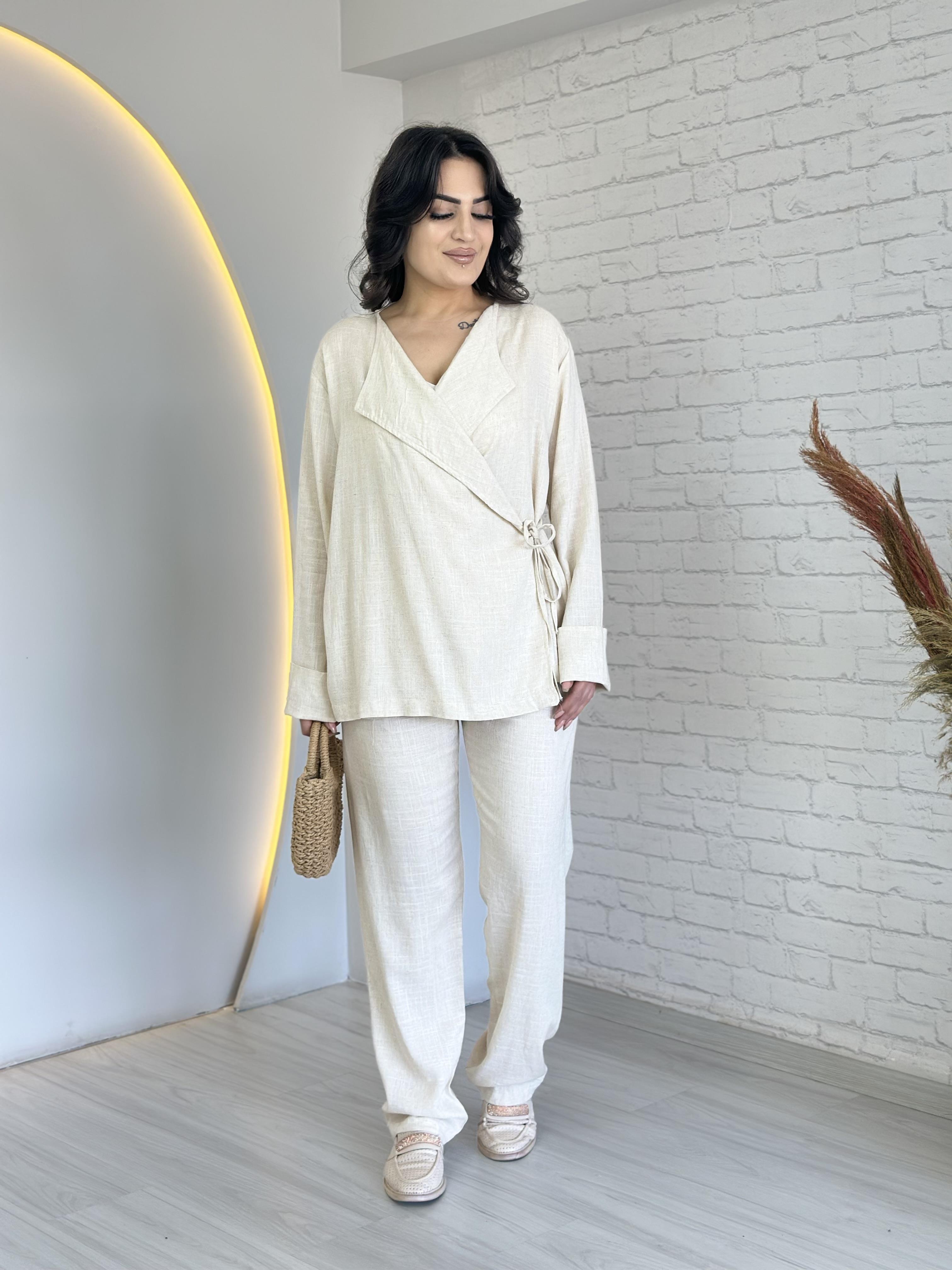 Bohem Ekru Yan Bağlamalı Keten Kumaş Kimono Takım D054