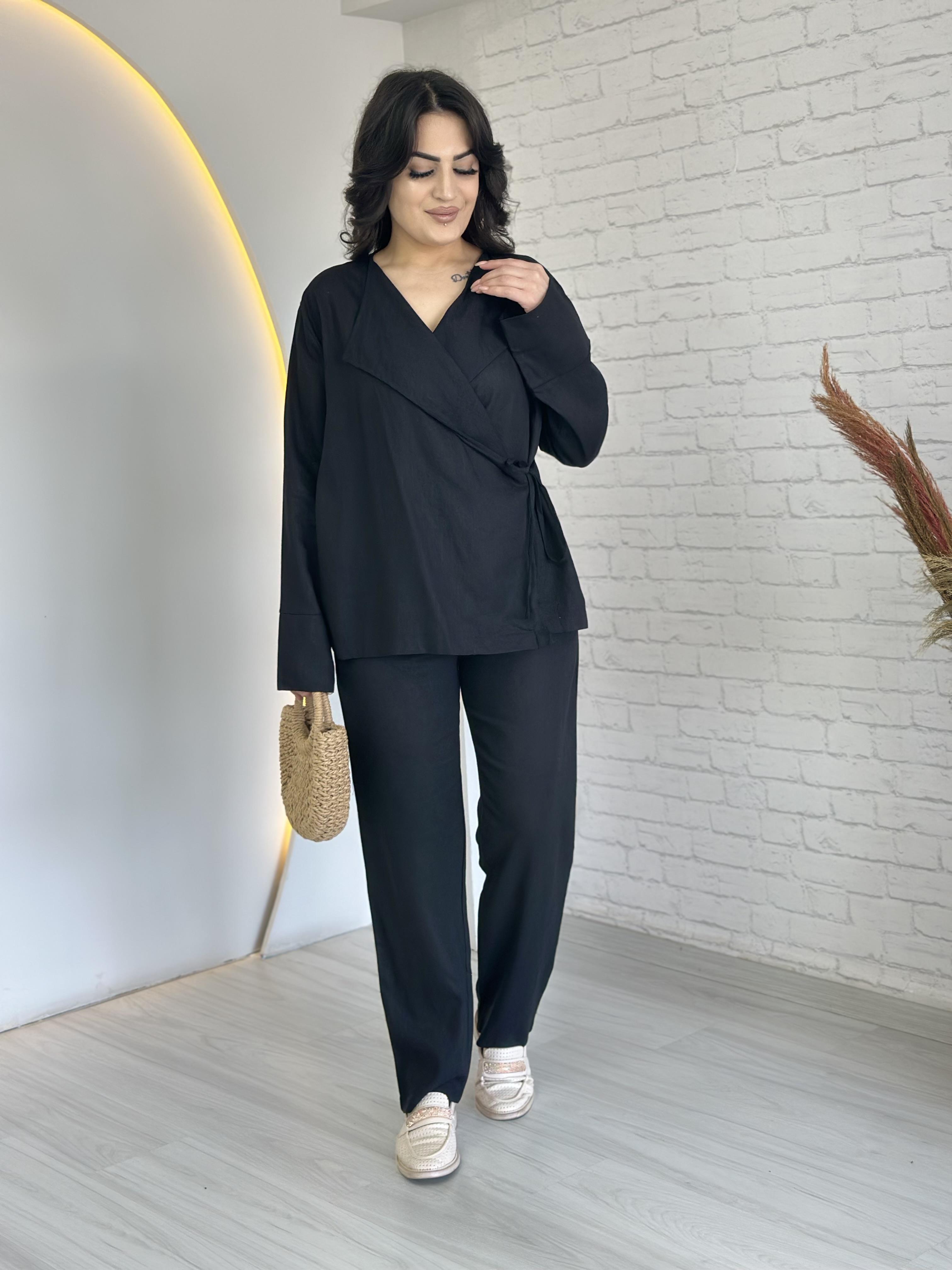 Bohem Siyah Yan Bağlamalı Keten Kumaş Kimono Takım D054