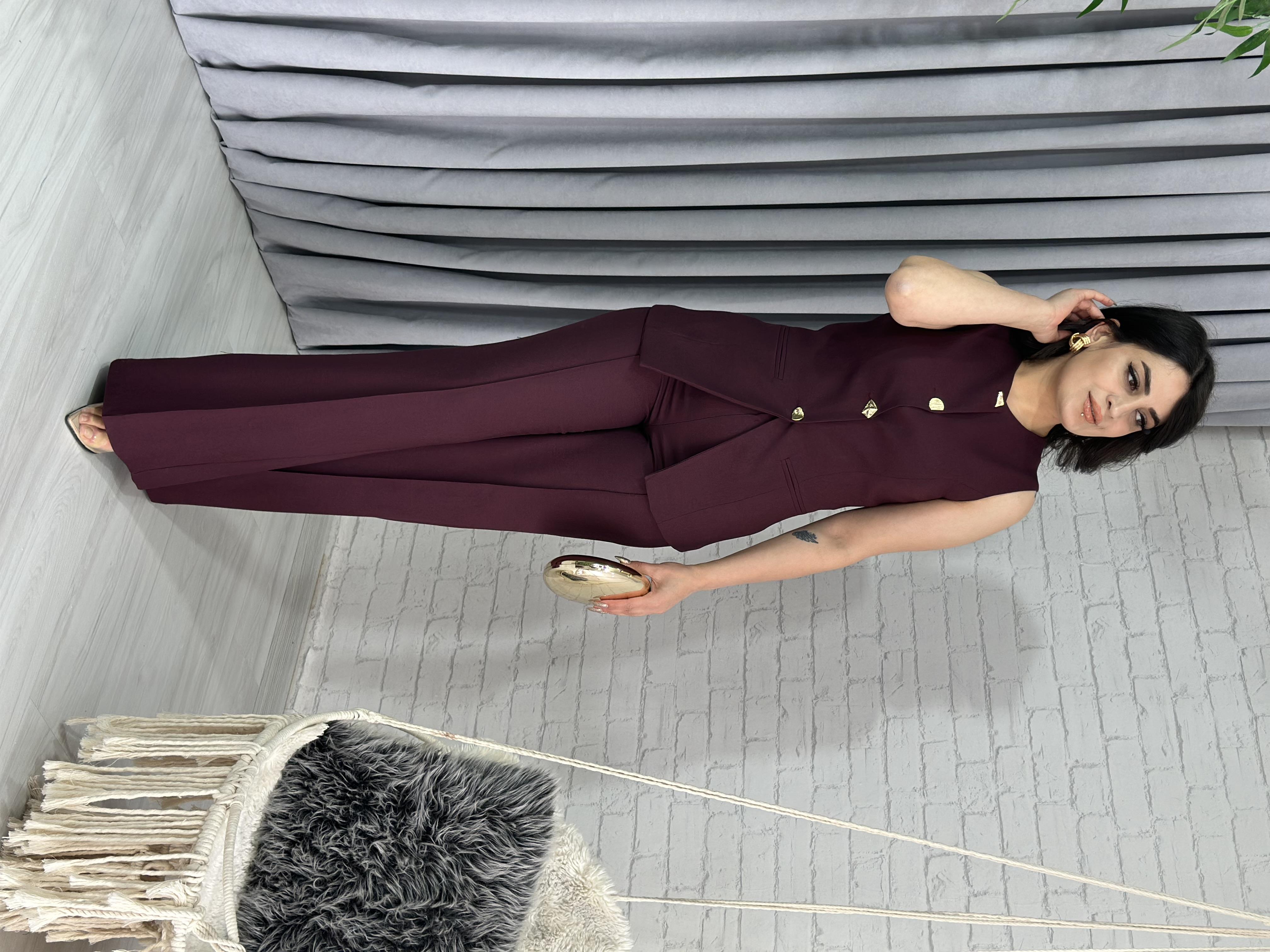 Bordo Karma Düğme Keten Cepken Yelek Takım A520