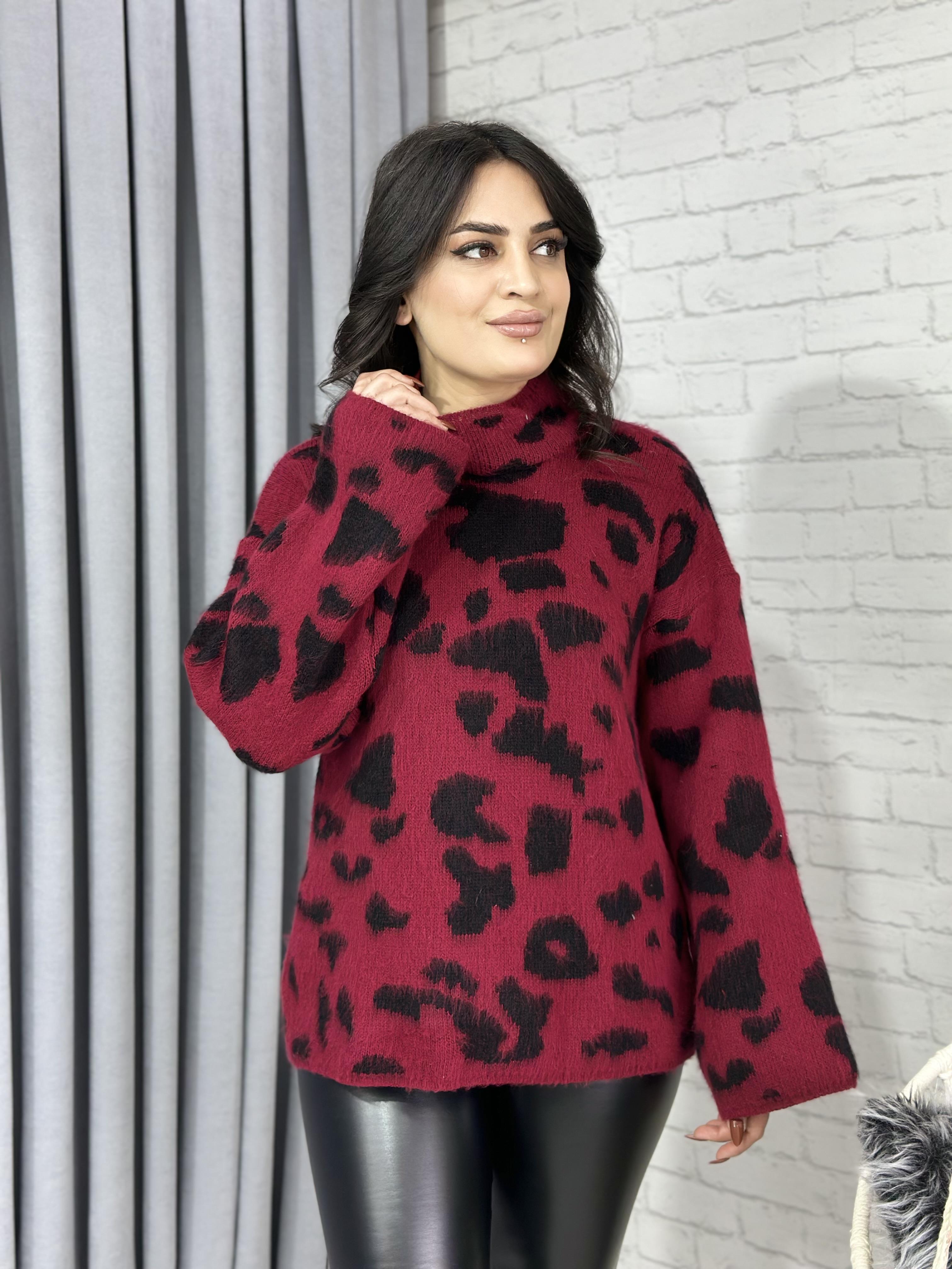 Bordo Leopar Boğazlı Geniş Kol Tasarım Kazak