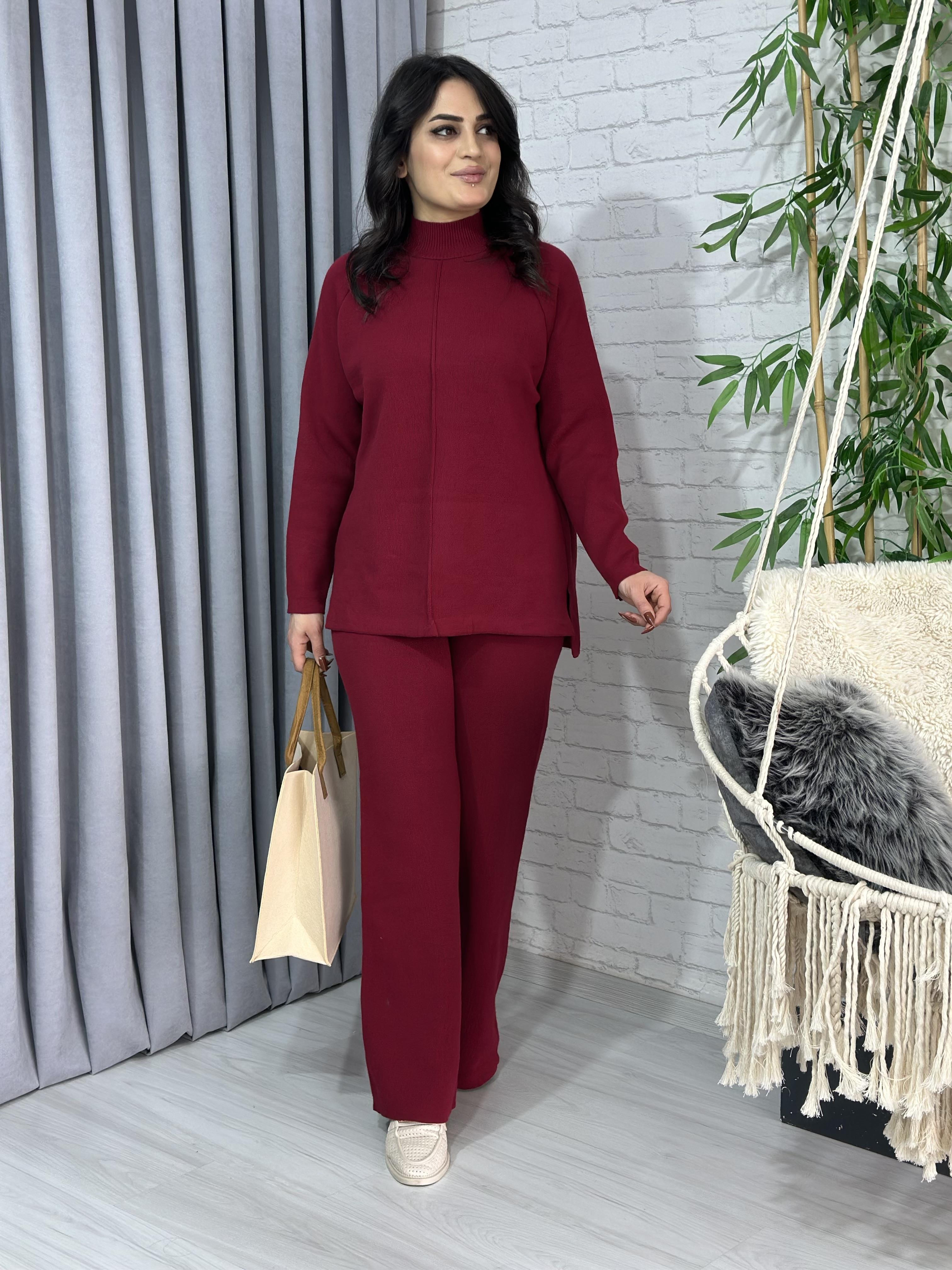 Bordo Paça Yırtmaçlı Triko İkili Takım  A548