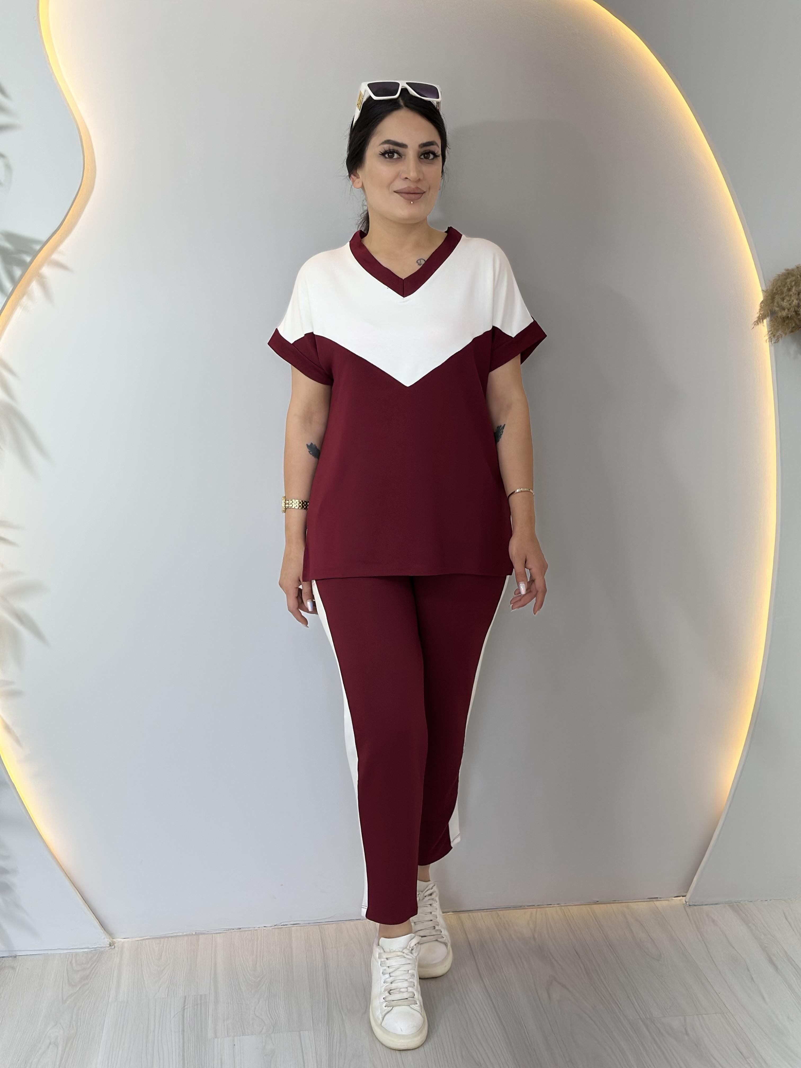 Bordo V Yaka Modal Şerit Detay İkili Takım  A703