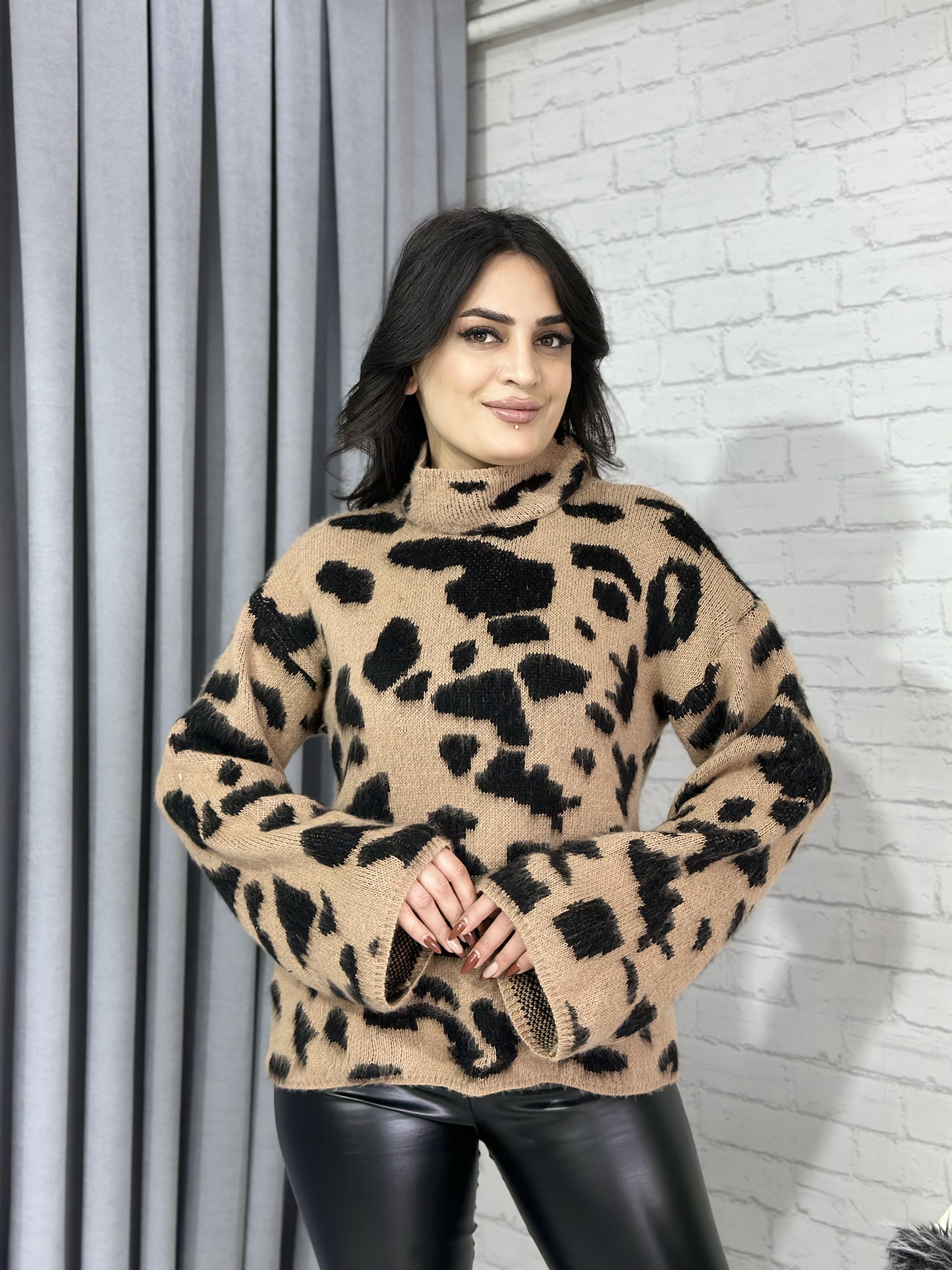 Camel Leopar Boğazlı Geniş Kol Tasarım Kazak 