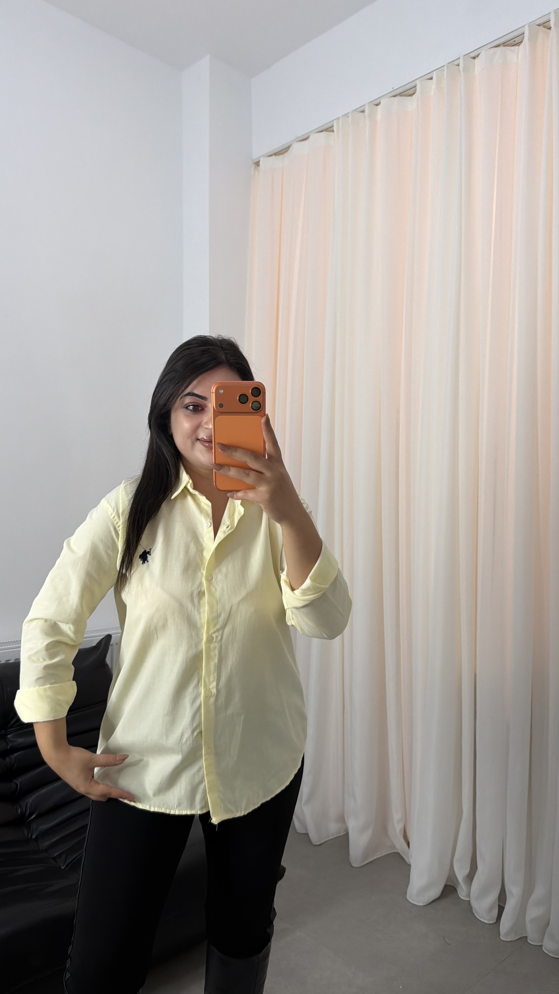 Cima Uzun Kollu Poplin Oversize Nakışlı Gömlek Sarı