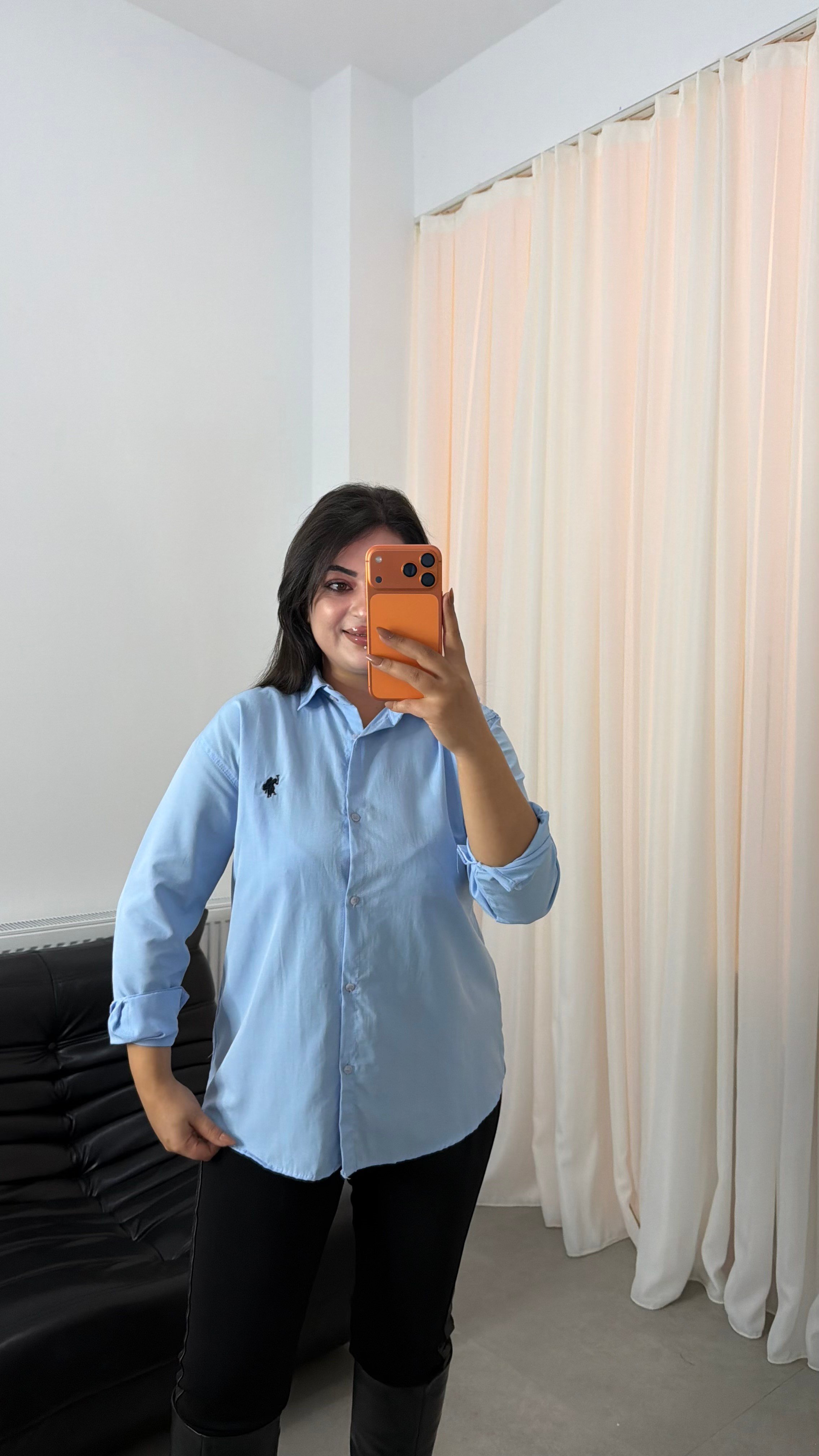 Cima Uzun Kollu Poplin Oversize Nakışlı Gömlek Mavi