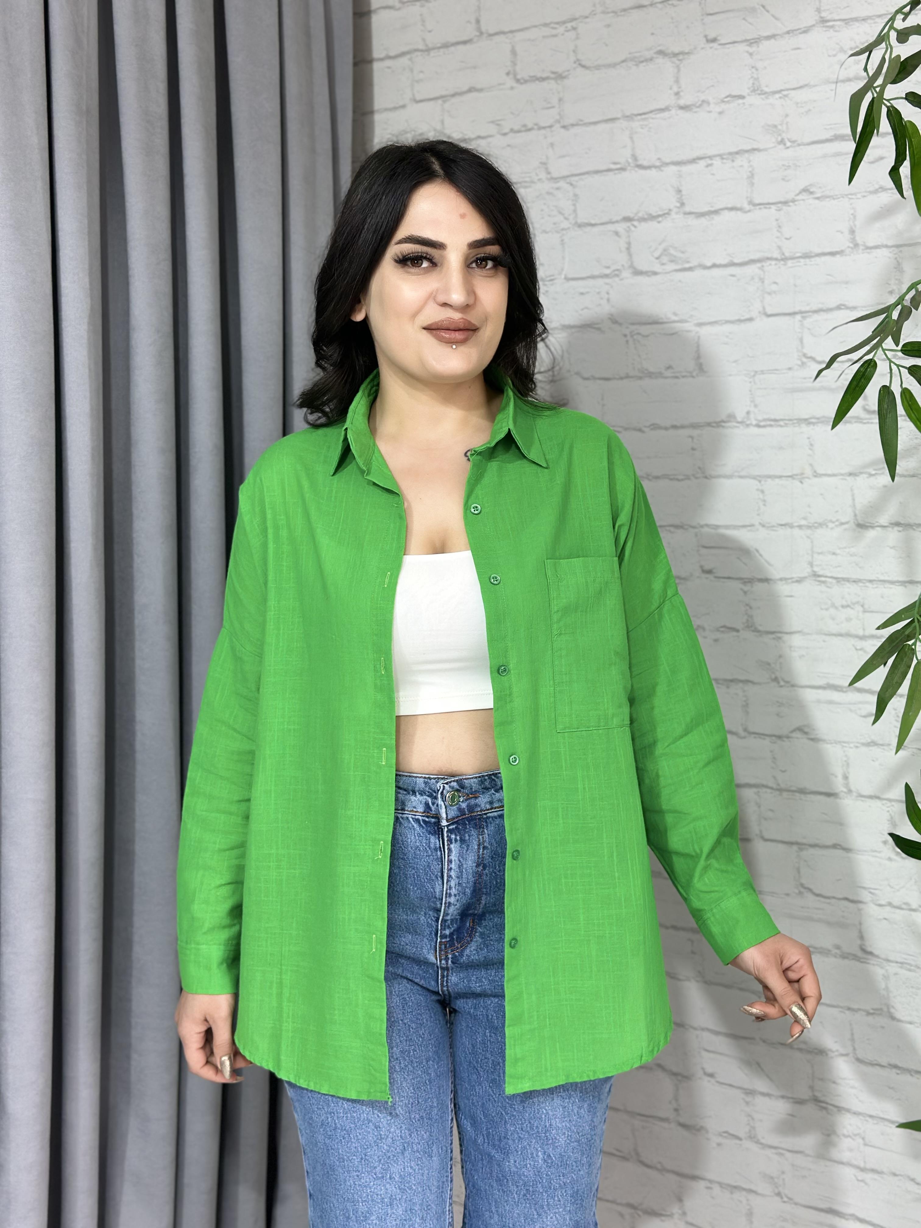 Çimen Yeşili  Oversize Cepli Keten Gömlek A092