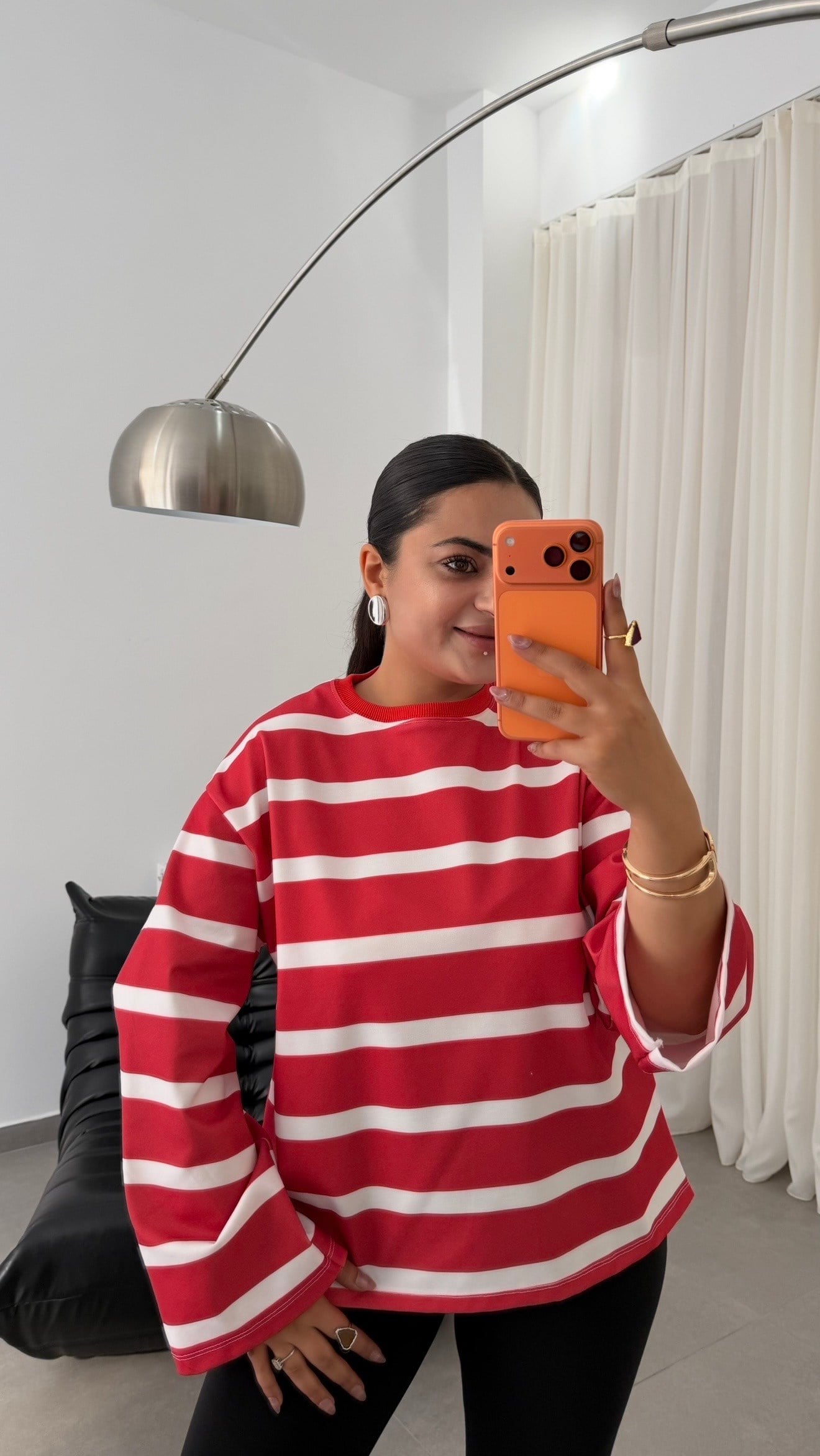 Club Bisiklet Yaka Çizgili Uzun Kollu Oversize Sweatshirt Kırmızı