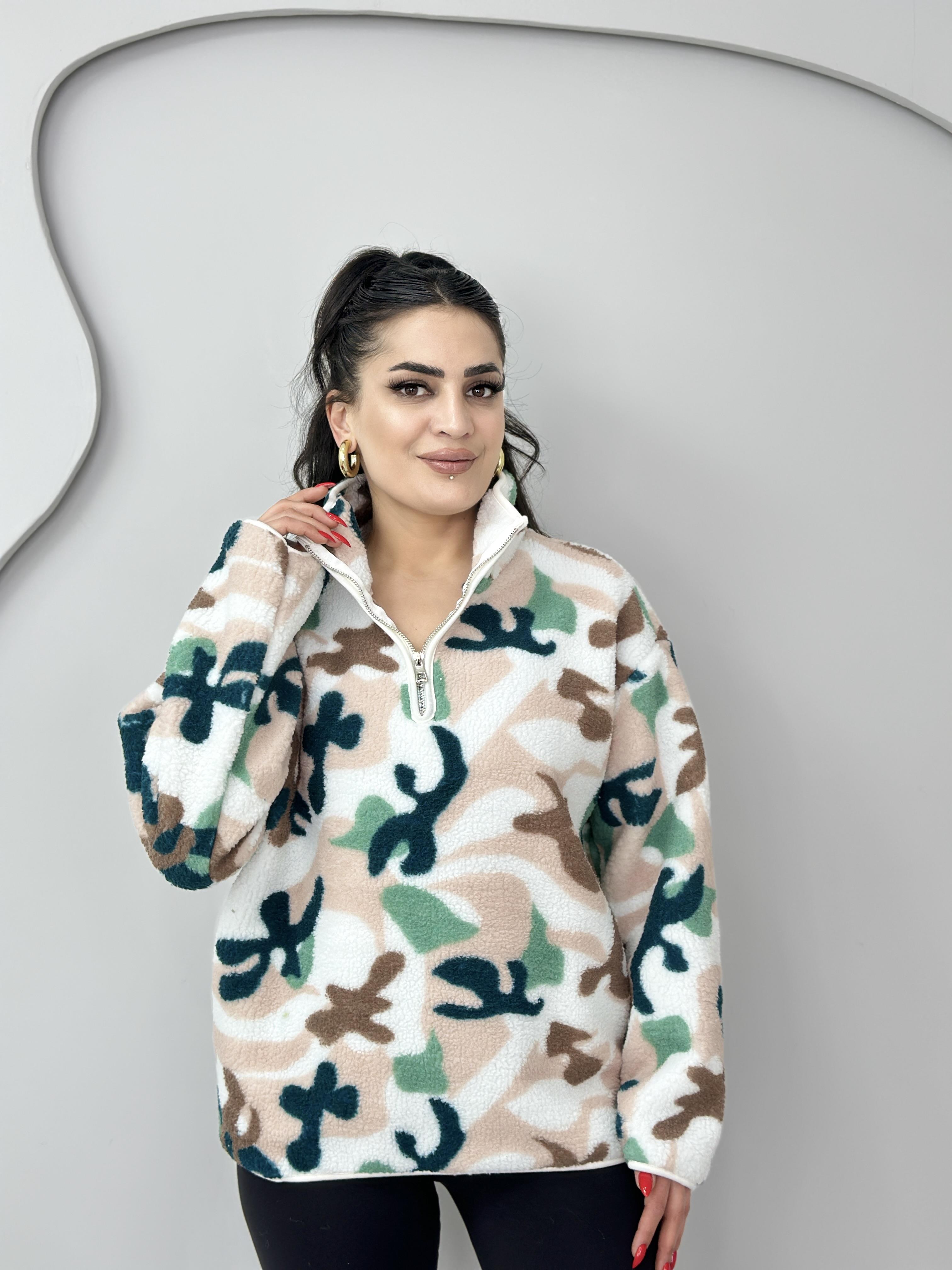 Diva Turkuaz Beyaz Yarım Fermuarlı Cepli Polar Sweatshirt B100