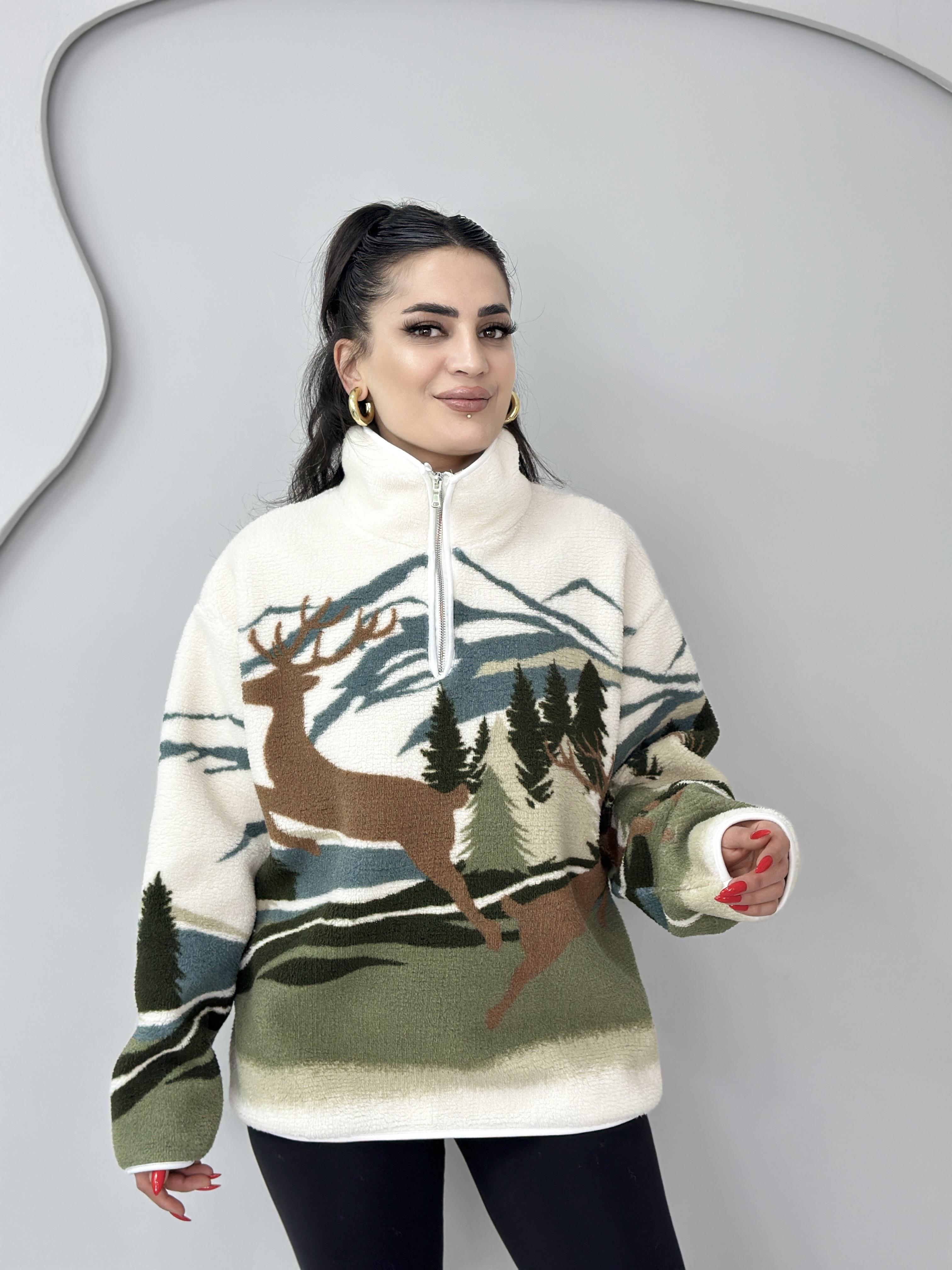 Diva Yeşil Beyaz Yarım Fermuarlı Cepli Polar Sweatshirt B100 