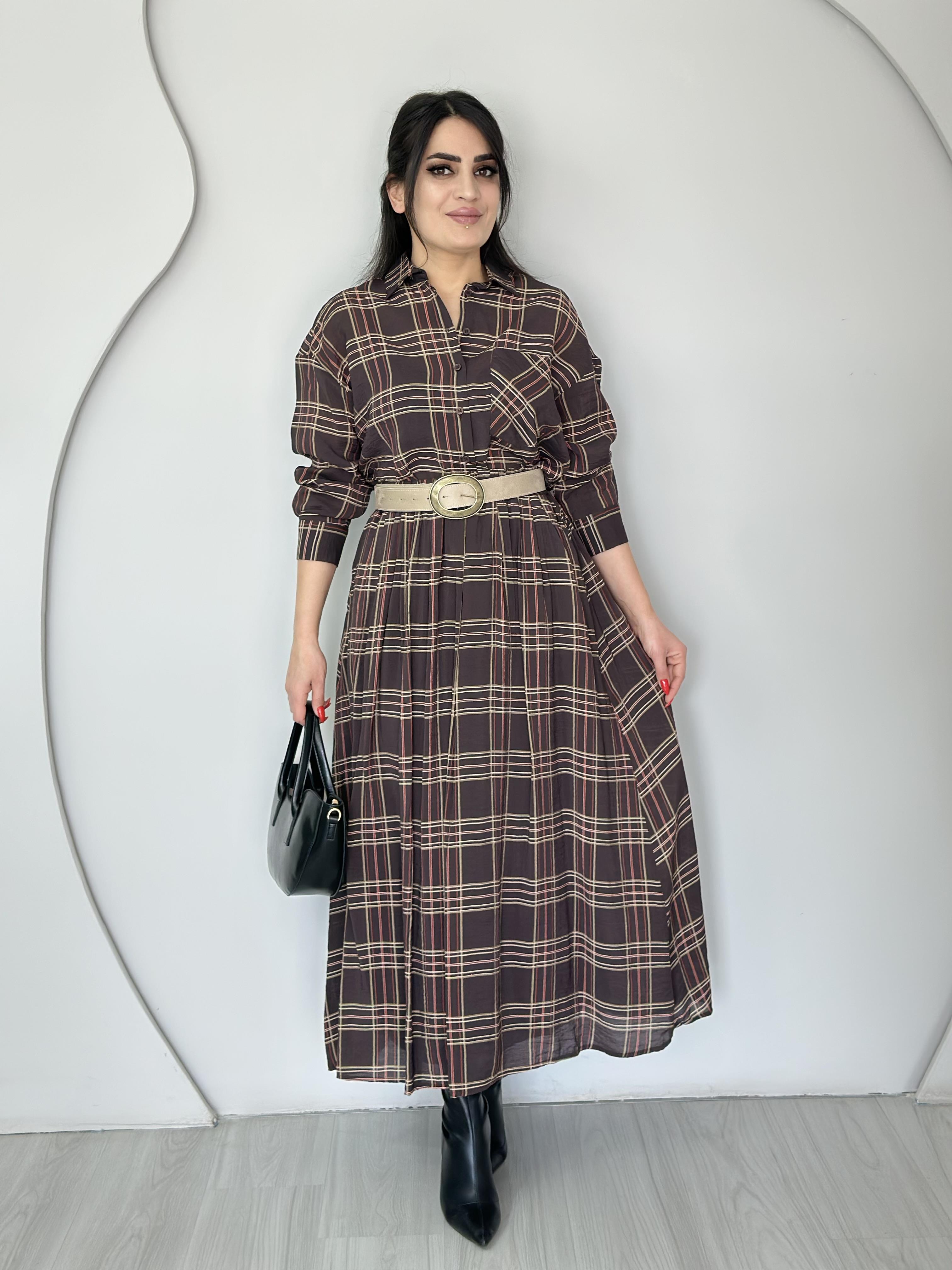 Dummy Kahve Ekose Desenli Organik Kumaş Astarlı Gömlek Etek Takım O5019