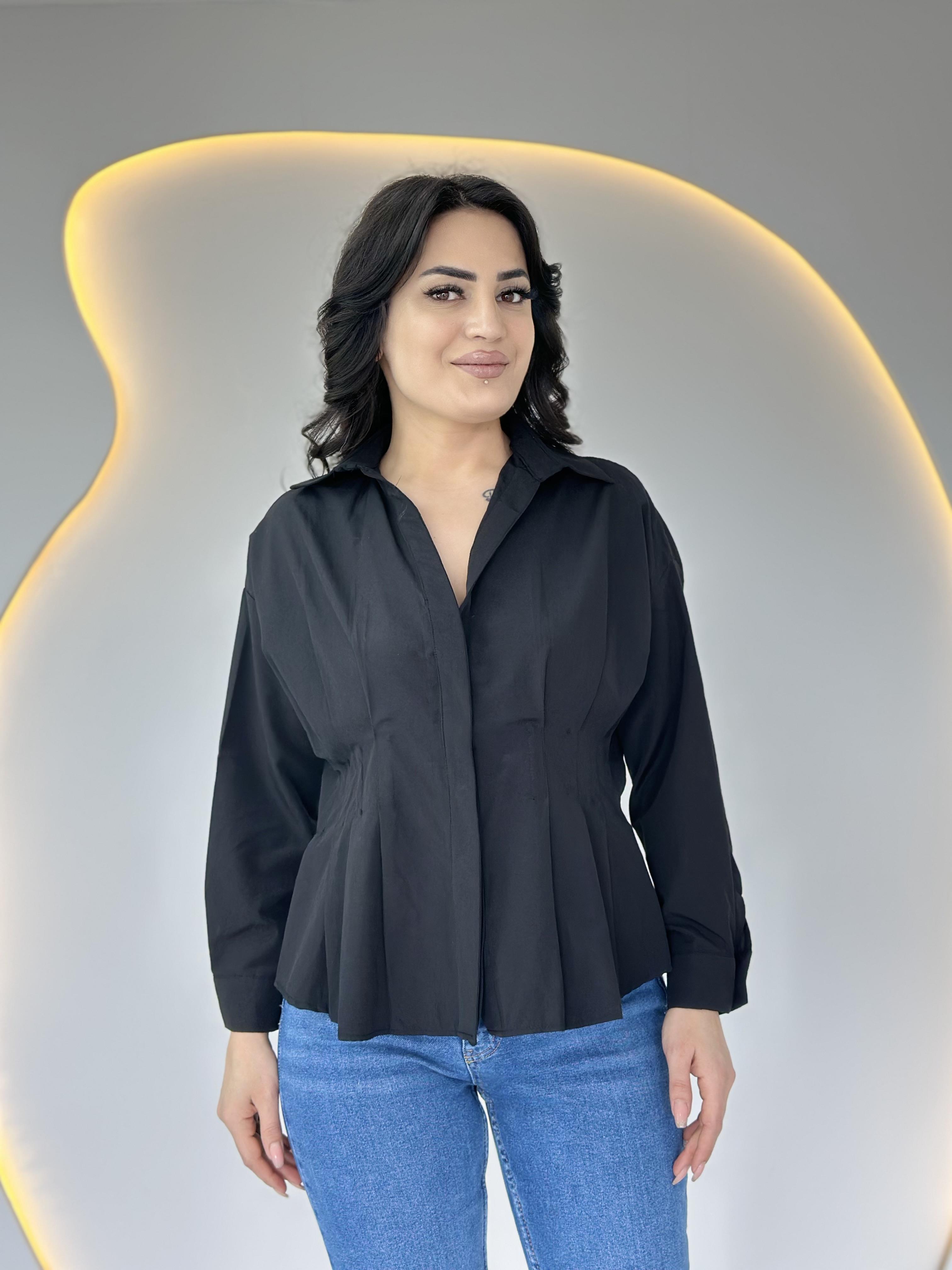 Eces Siyah Belden Oturmalı Çift Pensli Tasarım Gömlek D057