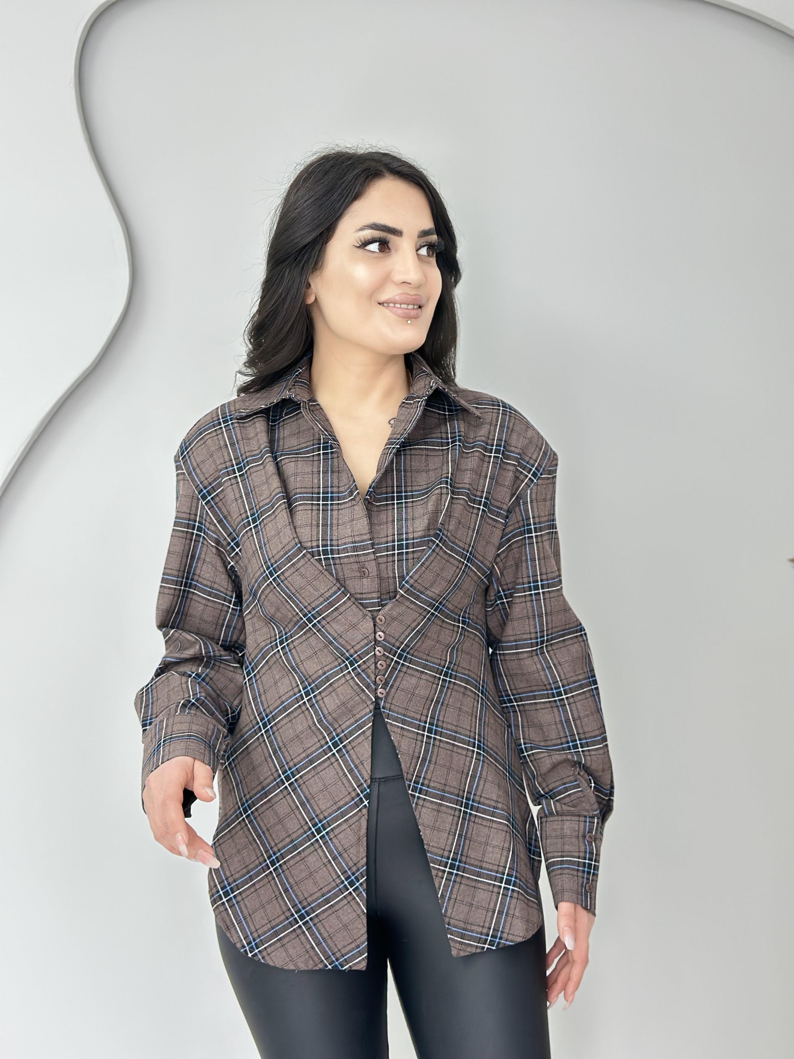 Echo Acı Kahve Mavi Omzu Vatkalı Düğmeli Ekose Desenli Tasarım Gömlek C9999