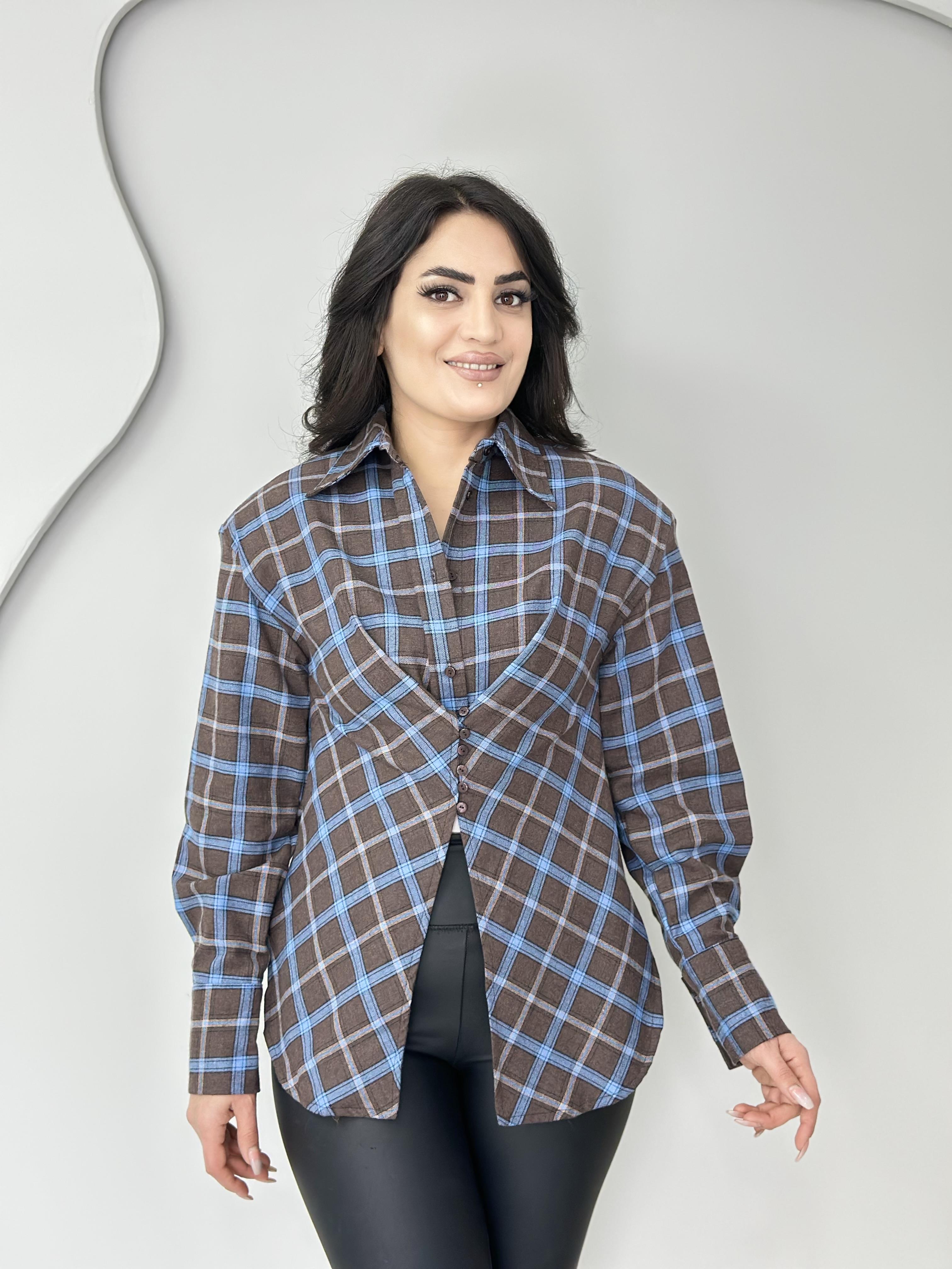 Echo Bebe Mavi Kahve  Omzu Vatkalı Düğmeli Ekose Desenli Tasarım Gömlek C9999