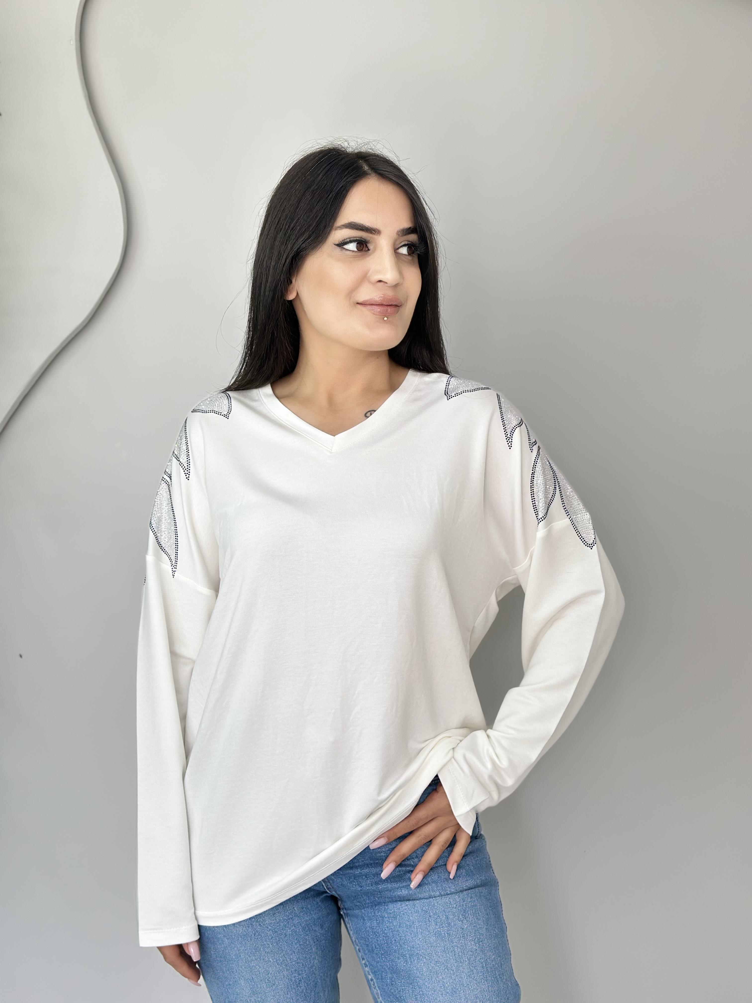 Elaxi Beyaz V Yaka Taşlı Viskon Bluz A603