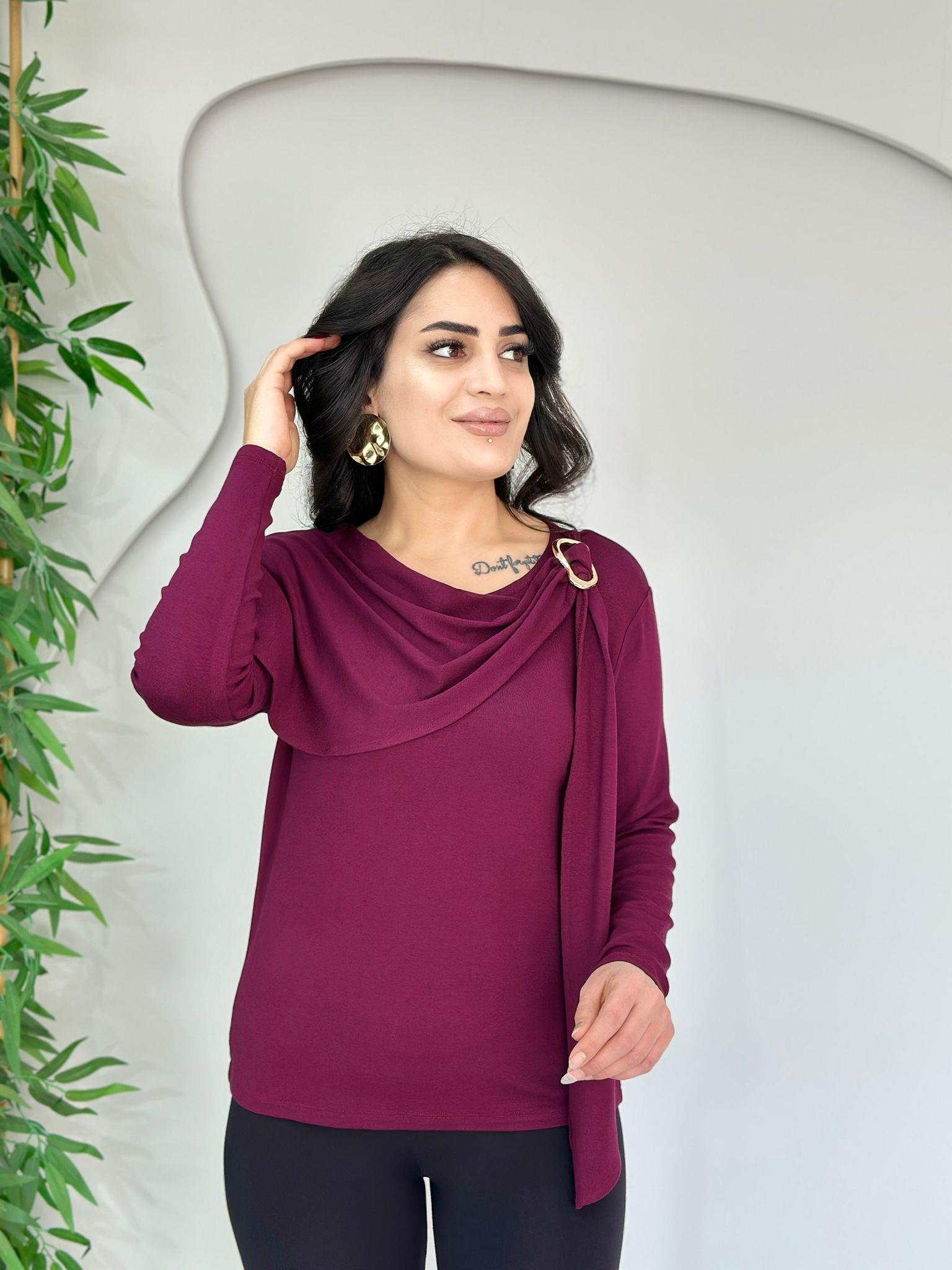Elva Mürdüm Gold Aksesuar Detaylı Şal Yaka Bluz A6363