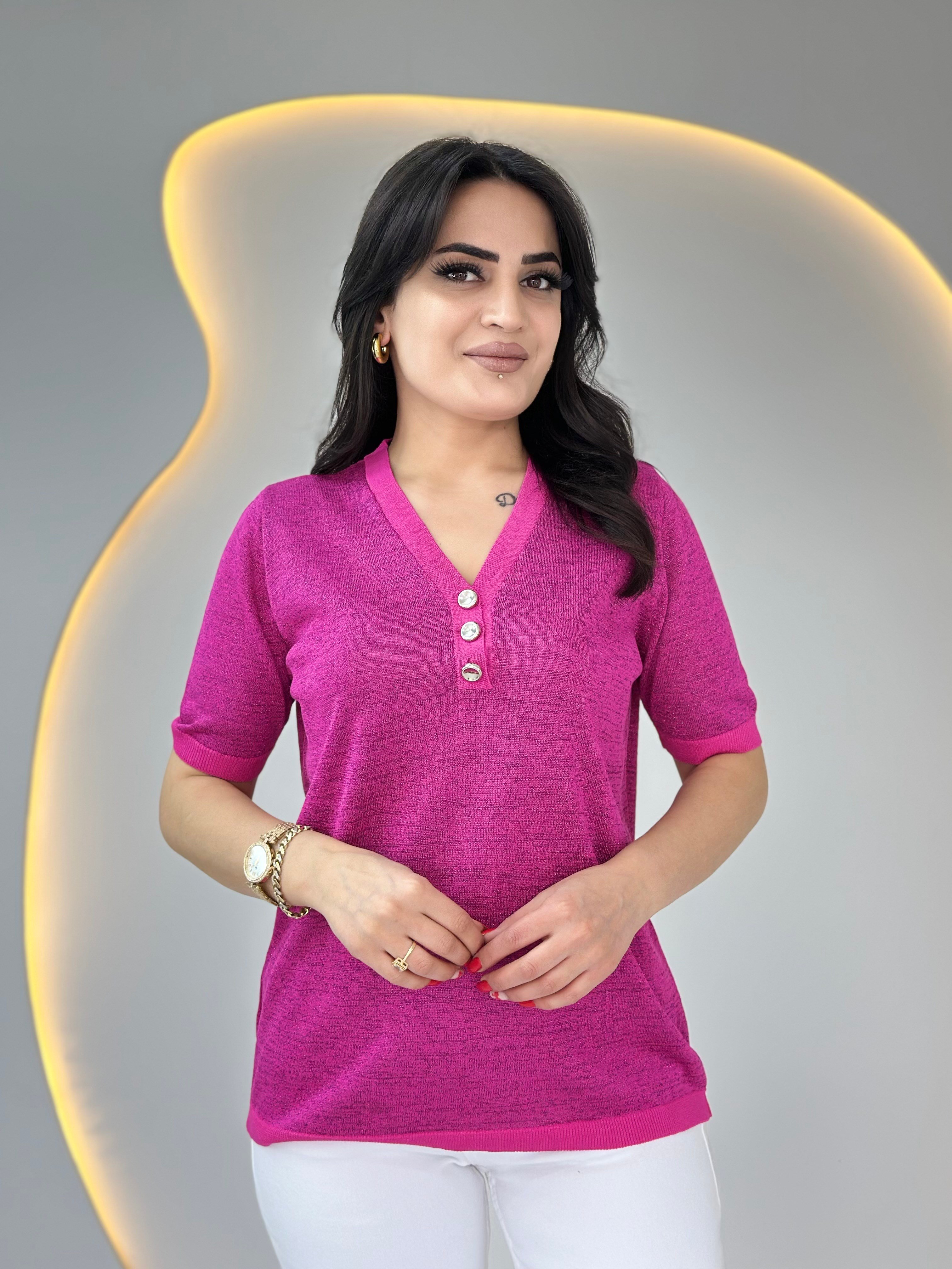 Erga Fuşya V Yaka Düğme Detaylı Merserize Tshirt Bluz D087