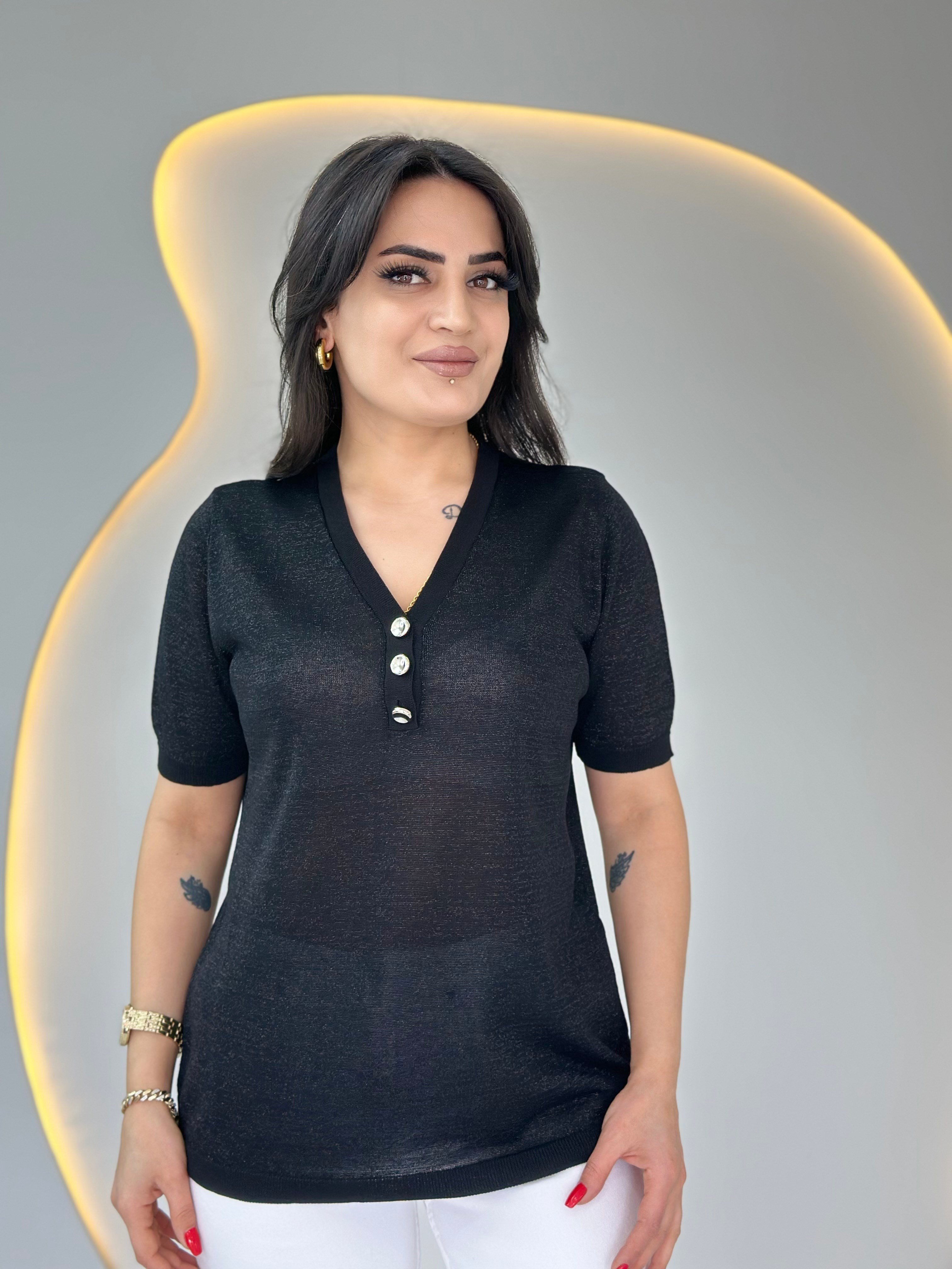 Erga Siyah V Yaka Düğme Detaylı Merserize Tshirt Bluz D087