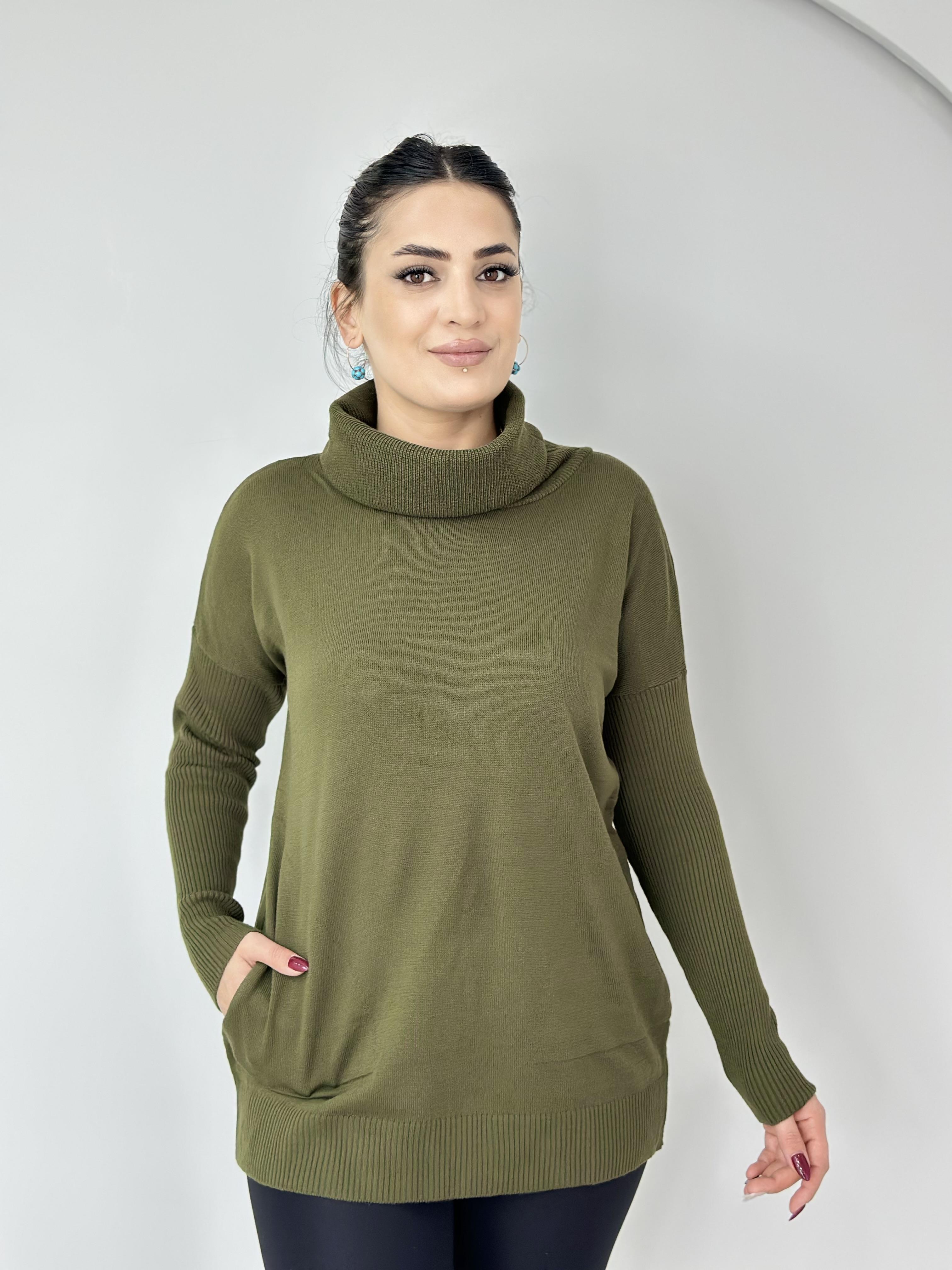 Fanny Haki Balıkçı Yaka Cepli Selanik Triko Kazak A900