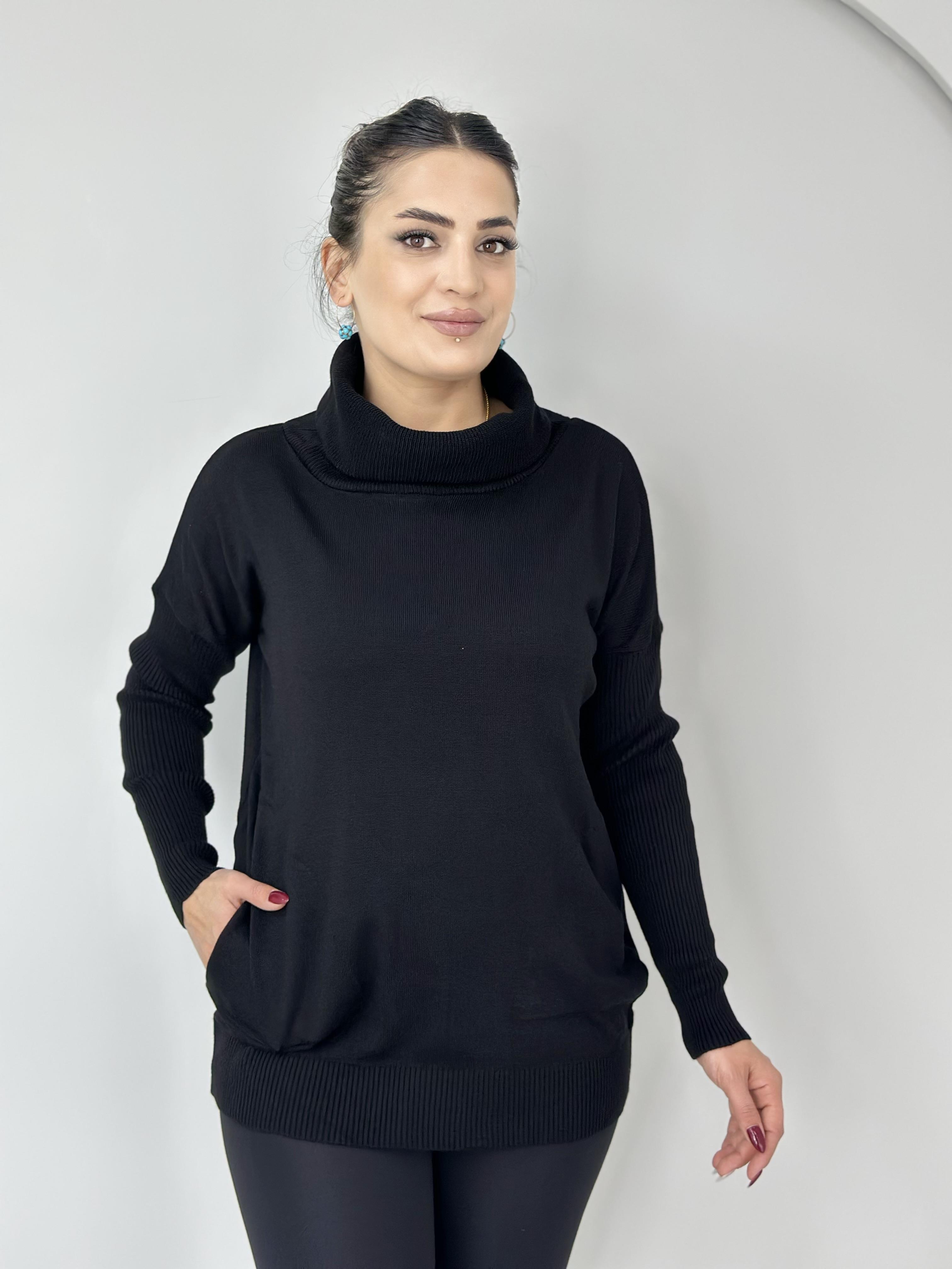 Fanny Siyah Mavi Balıkçı Yaka Cepli Selanik Triko Kazak A904 