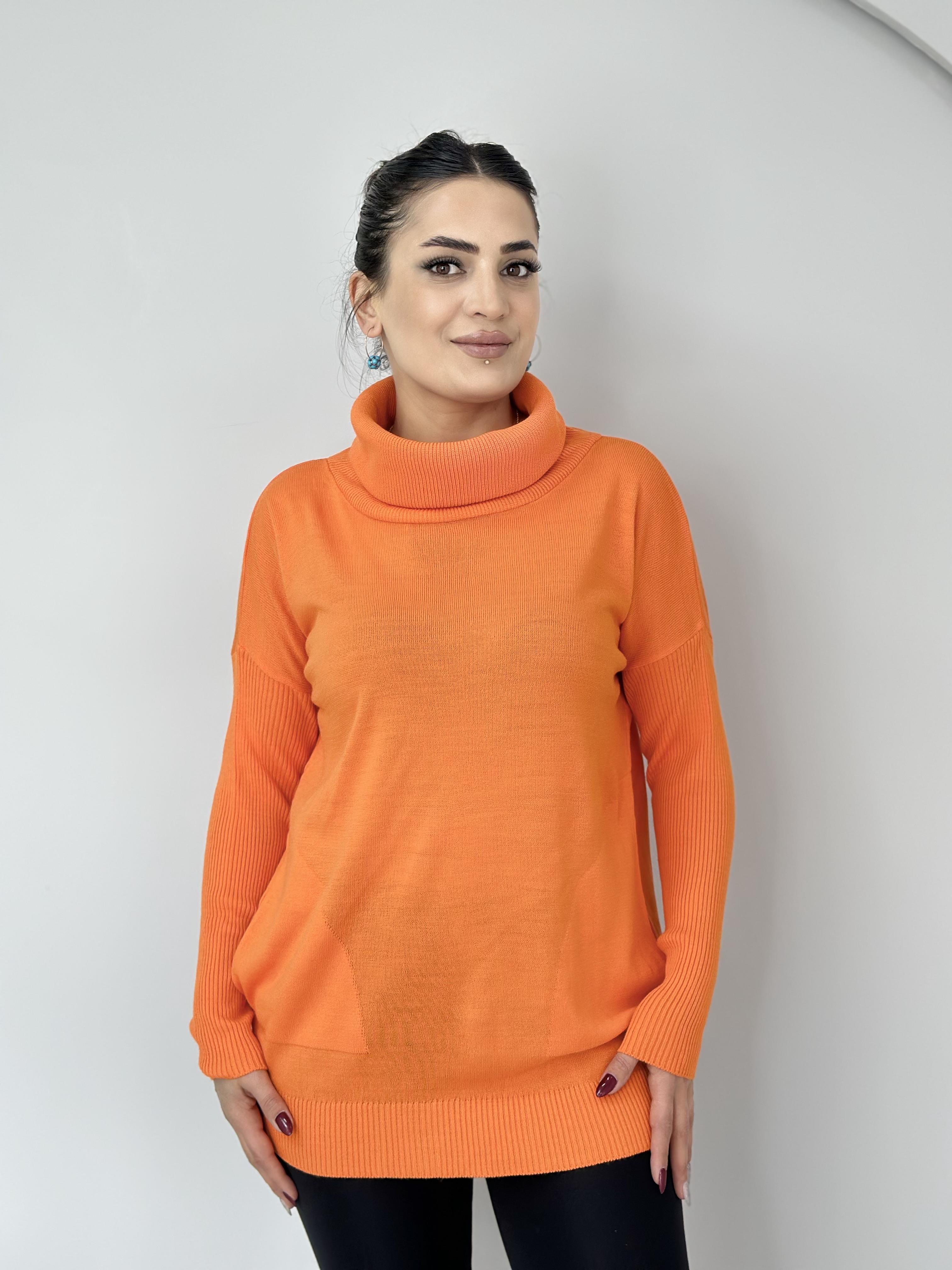 Fanny Turuncu Balıkçı Yaka Cepli Selanik Triko Kazak A908