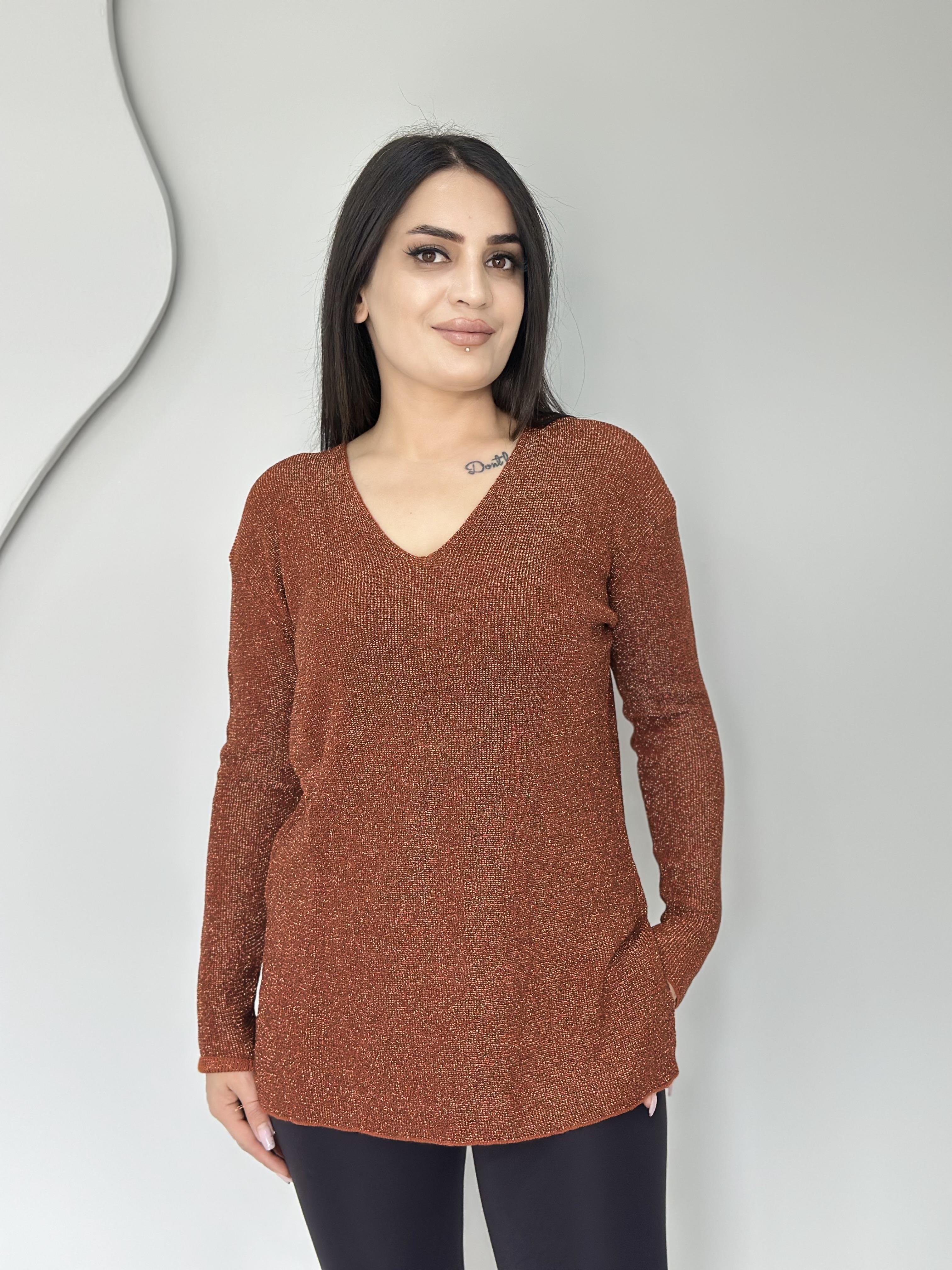 Felix Kiremit V Yaka Simli Yırtmaç Detay Likralı Triko Bluz A110