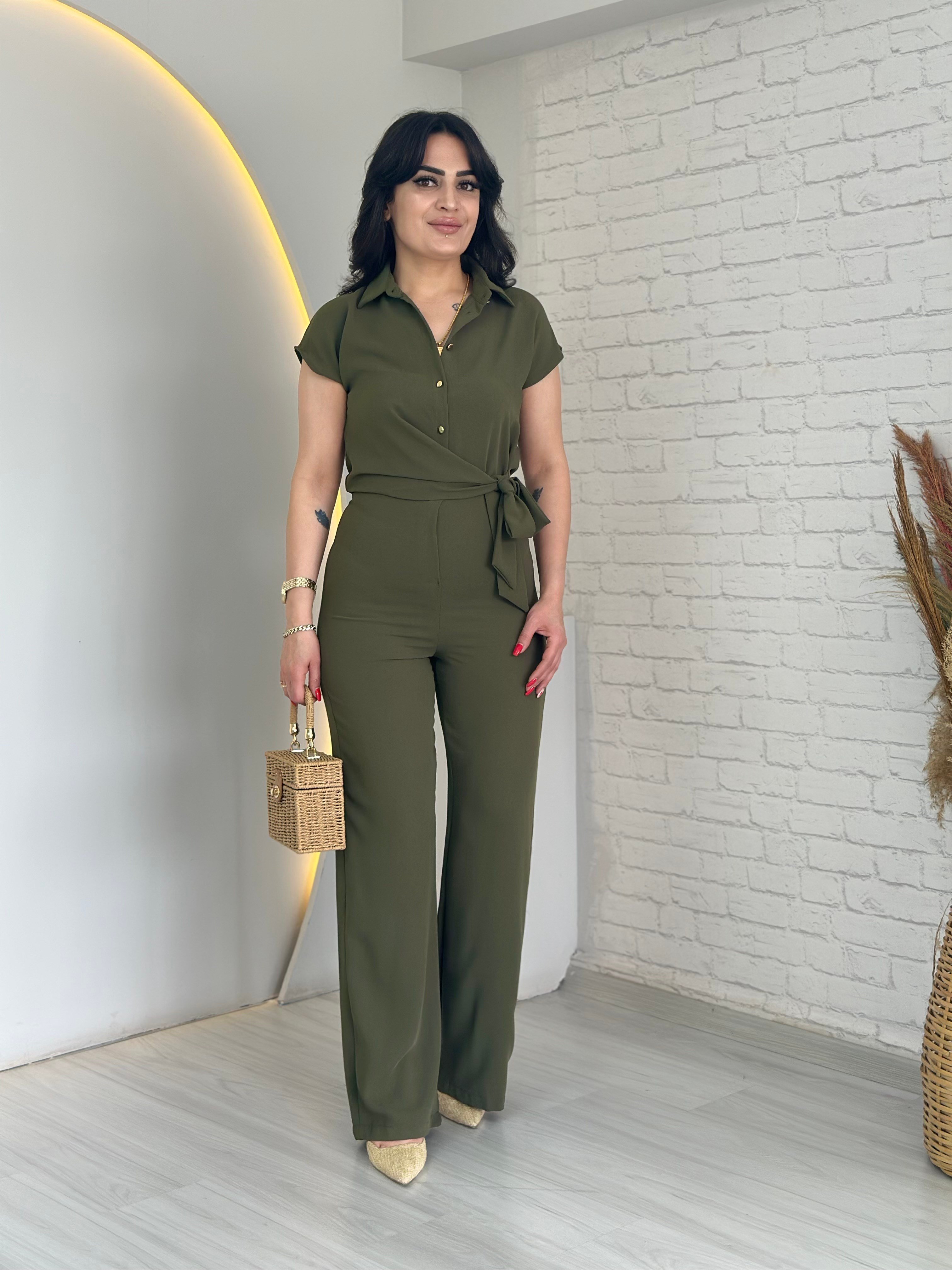 Ferzo Haki Kuşak Detaylı Fermuarlı Tulum D099