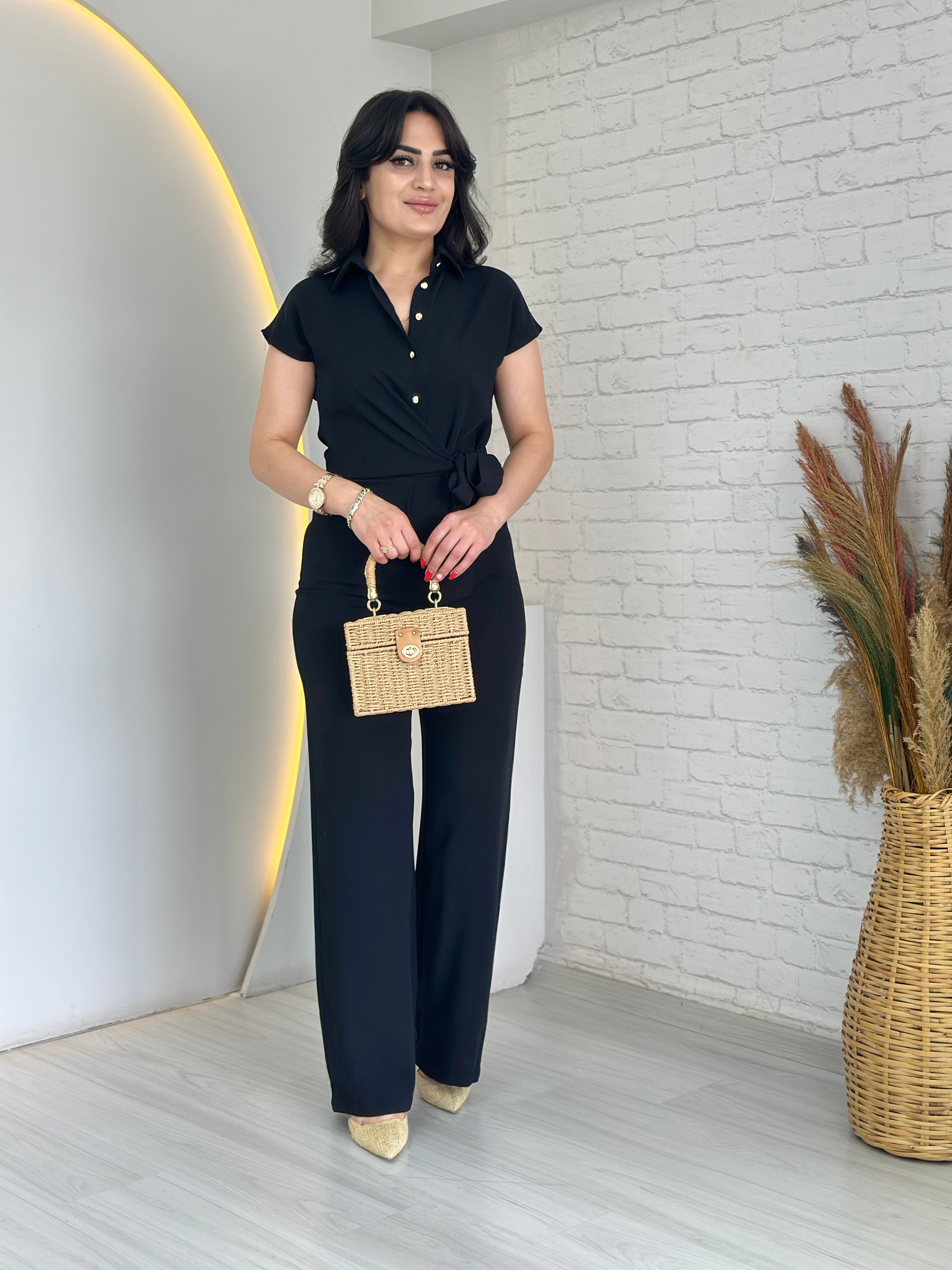 Ferzo Siyah Kuşak Detaylı Fermuarlı Tulum D099