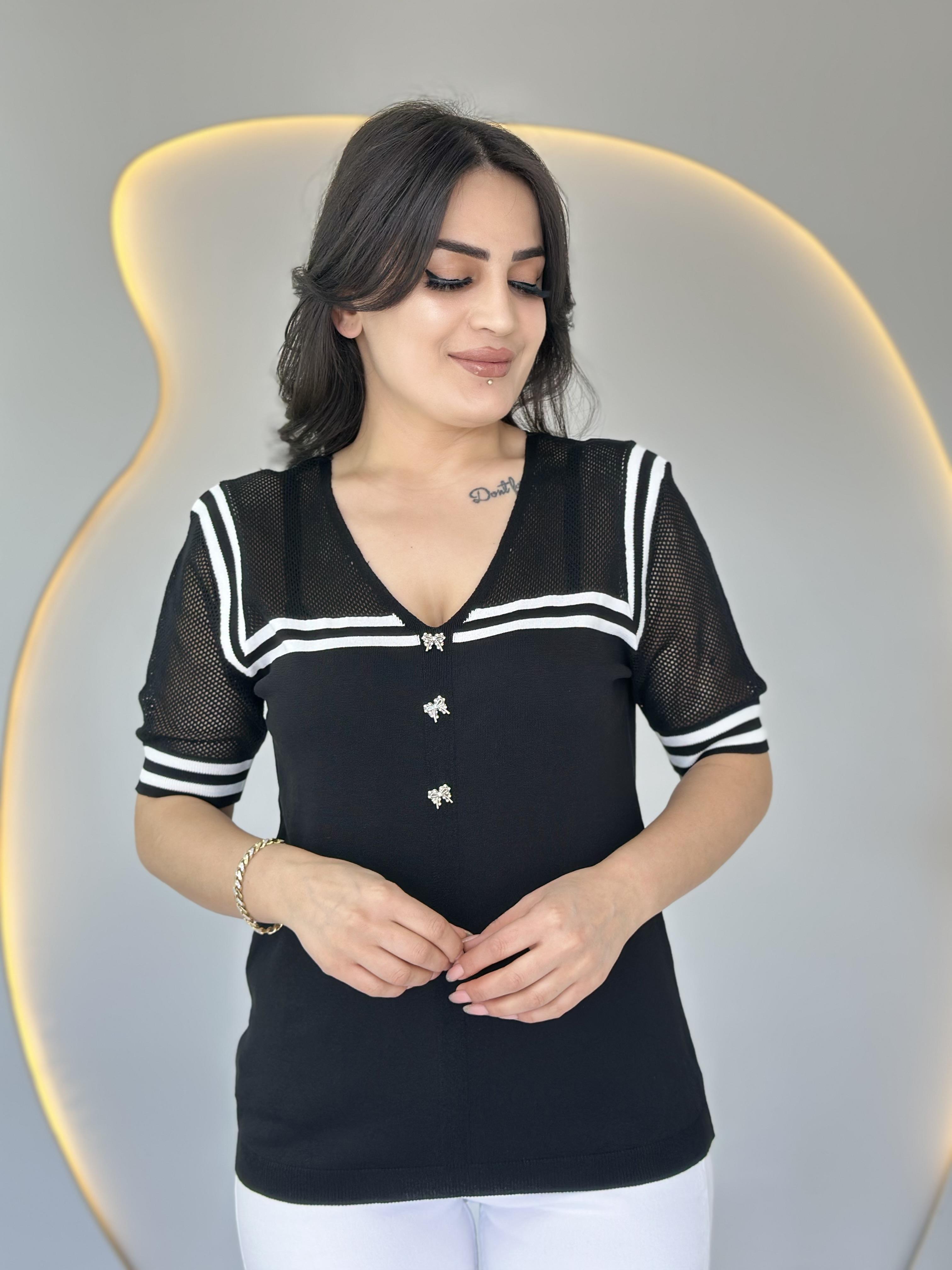 File Siyah V Yaka Denizci Model Çelik Merserize Bluz D020