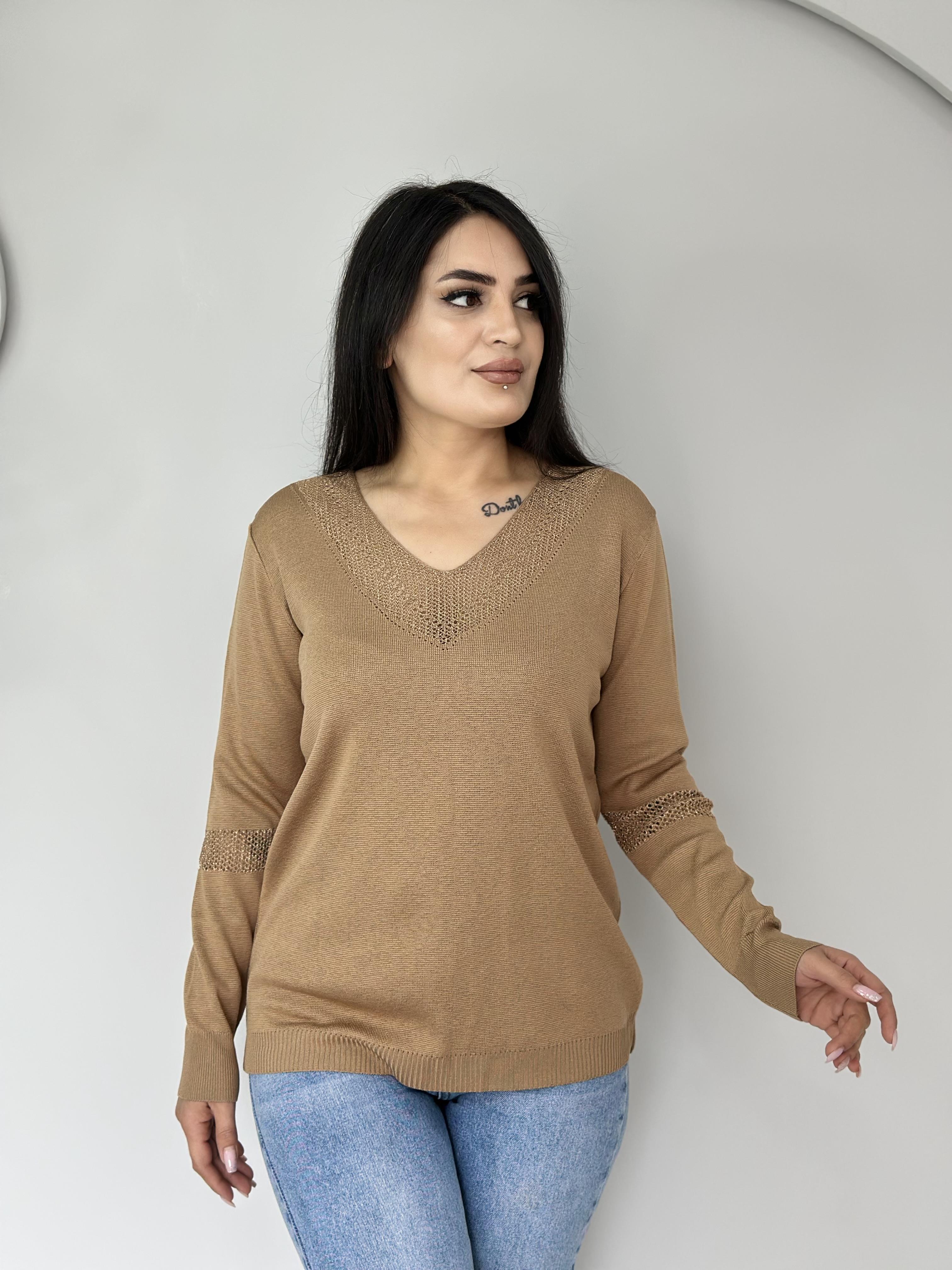 Fion Camel  V Yaka Sim İşlemeli Kol Detaylı Triko Kazak A552