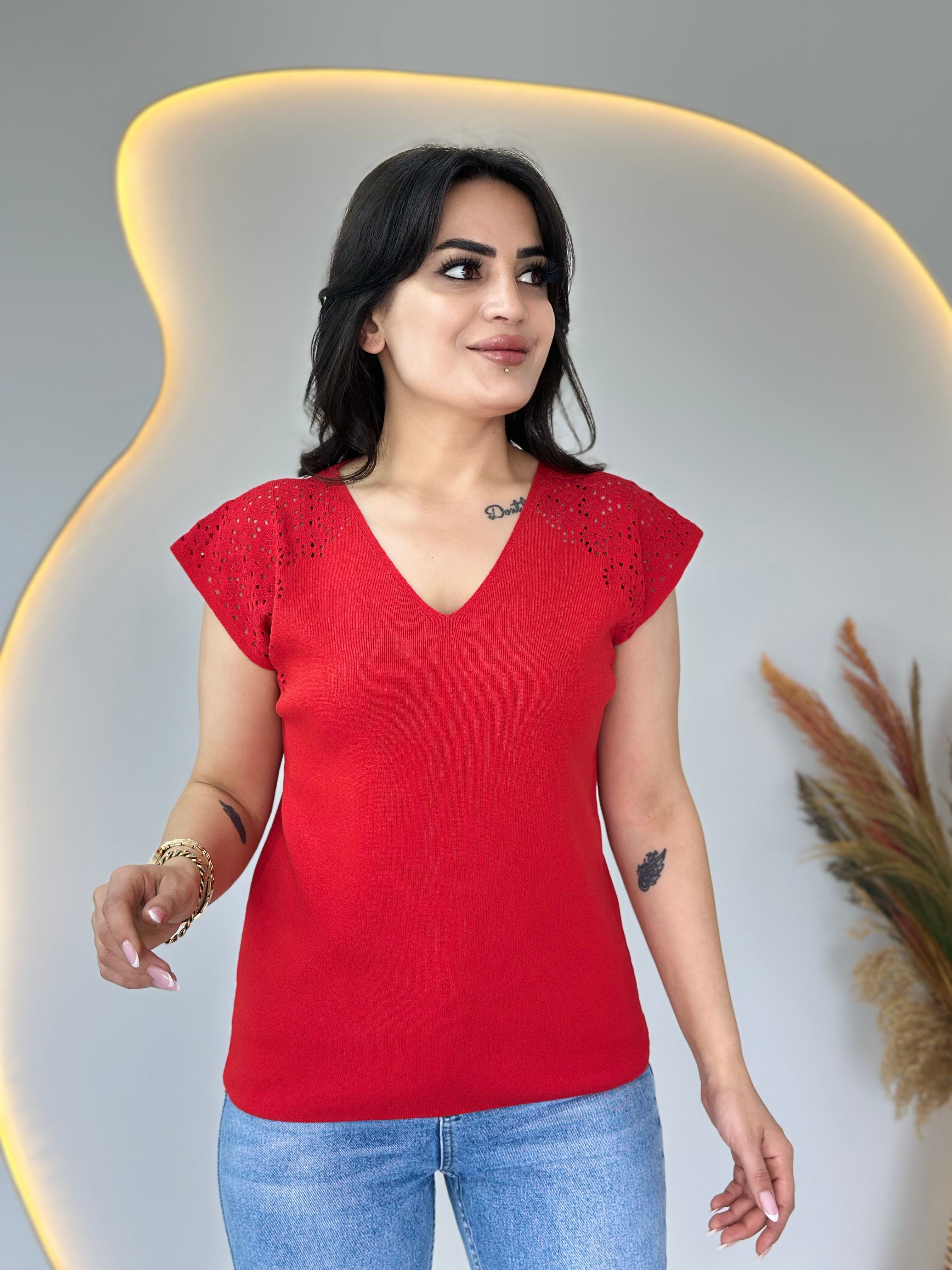 Fore Kırmızı V Yaka Ajurlu Mevsimlik Triko Bluz A105