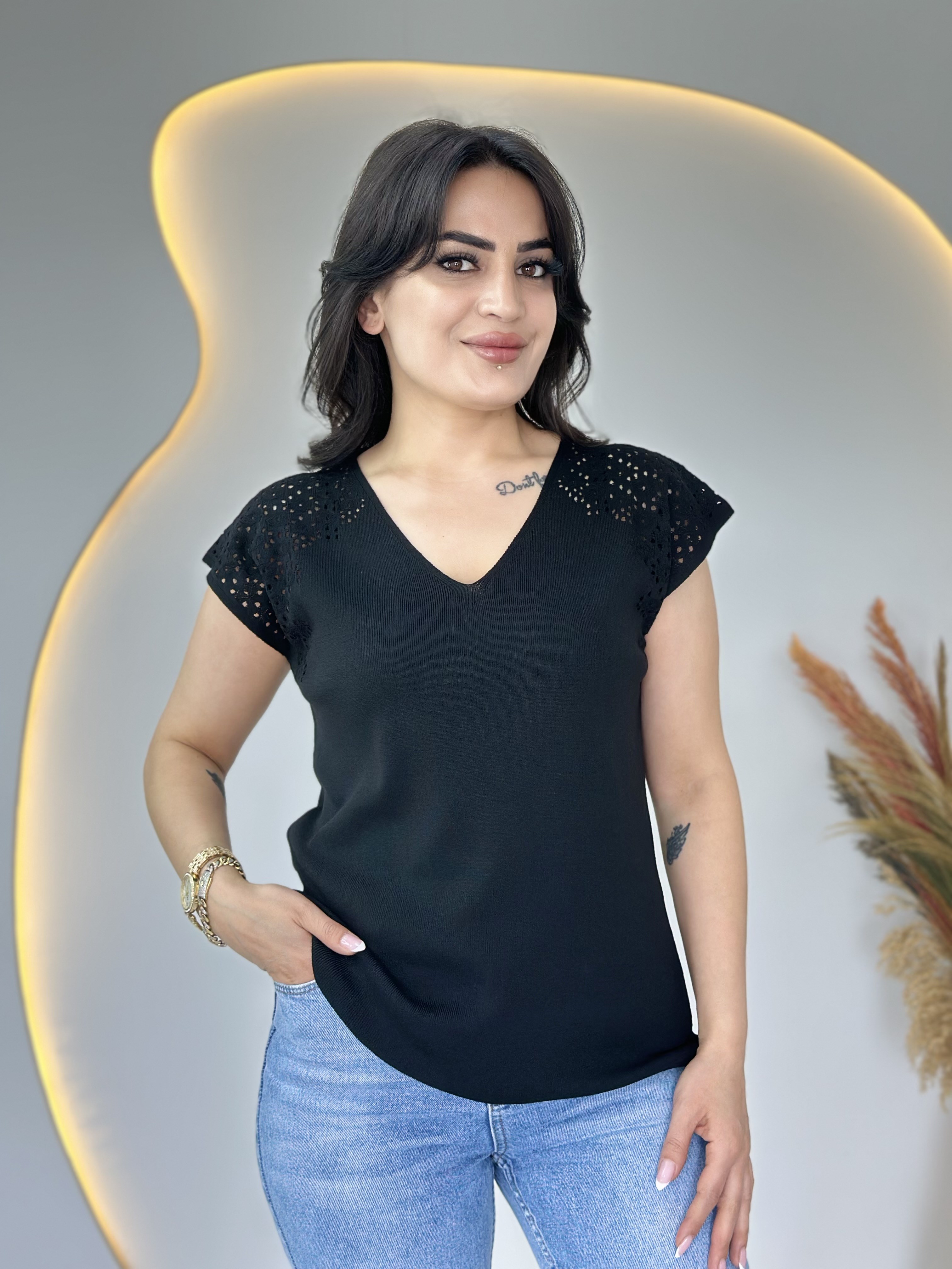 Fore Siyah V Yaka Ajurlu Mevsimlik Triko Bluz A105