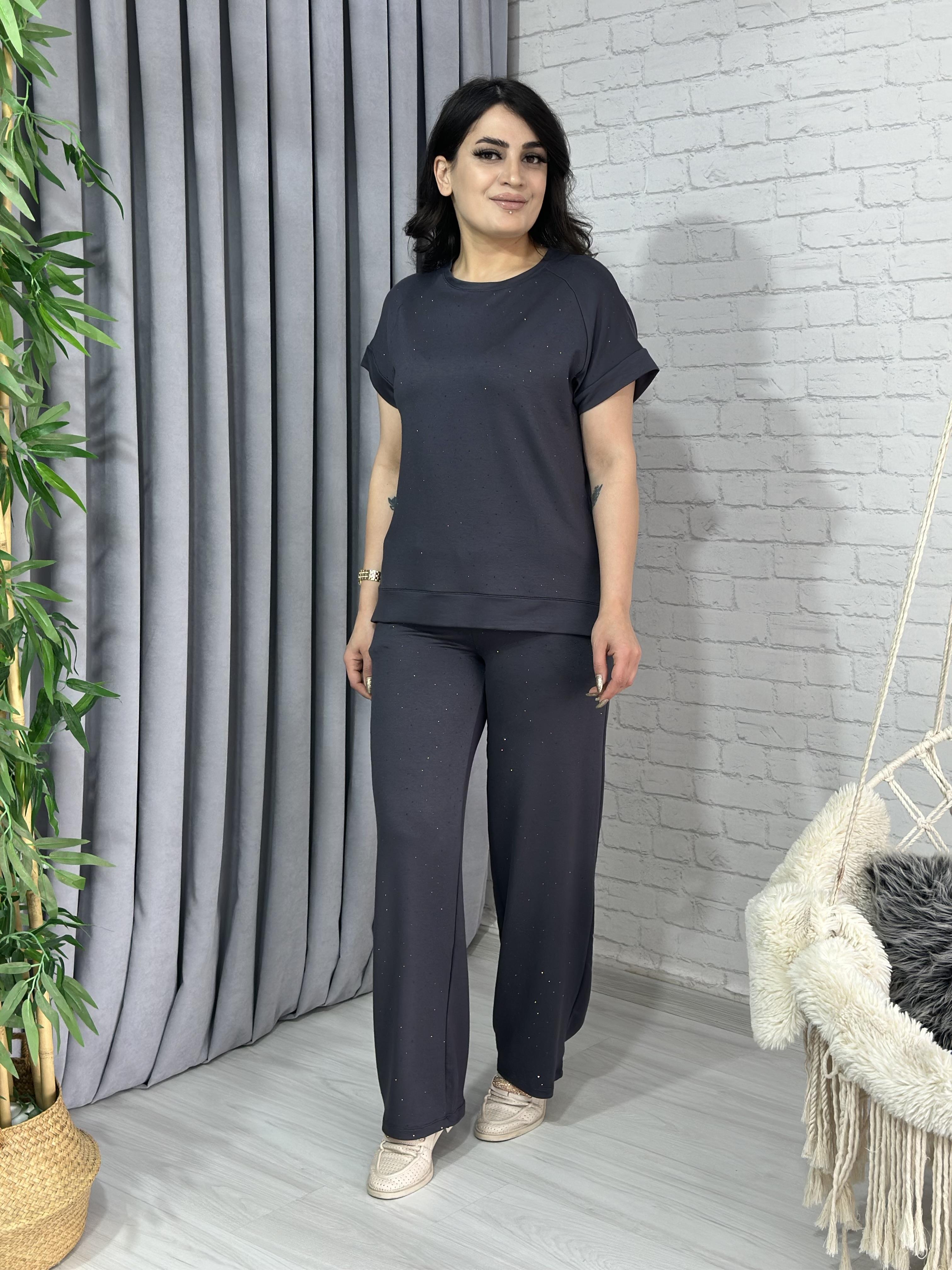 Füme Modal Kumaş Kısa Kollu Taşlı Bol Paça İkili Takım A090